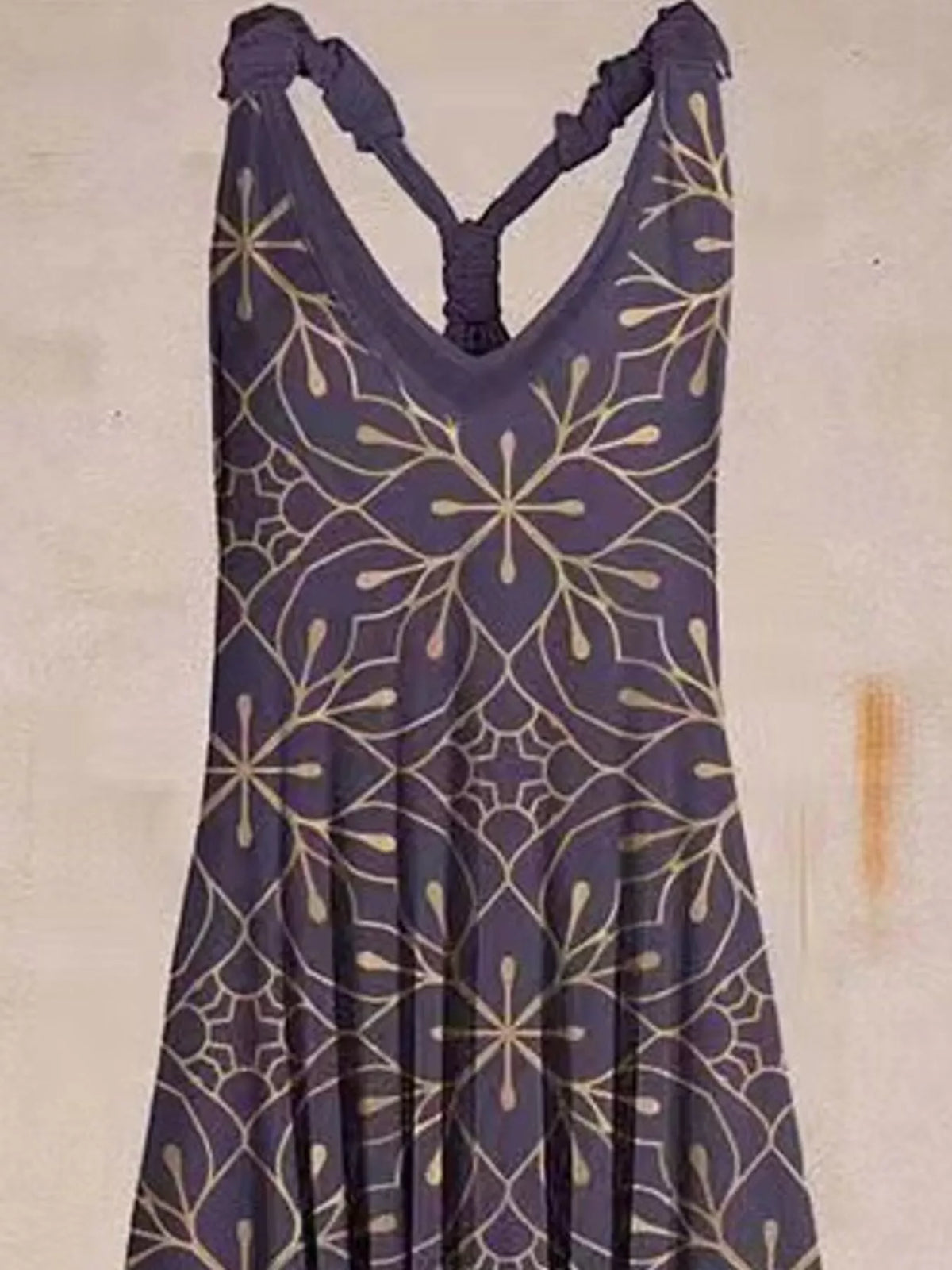 Purple floral-print V-neck sleeveless jumpsuit, neckline and strap detail