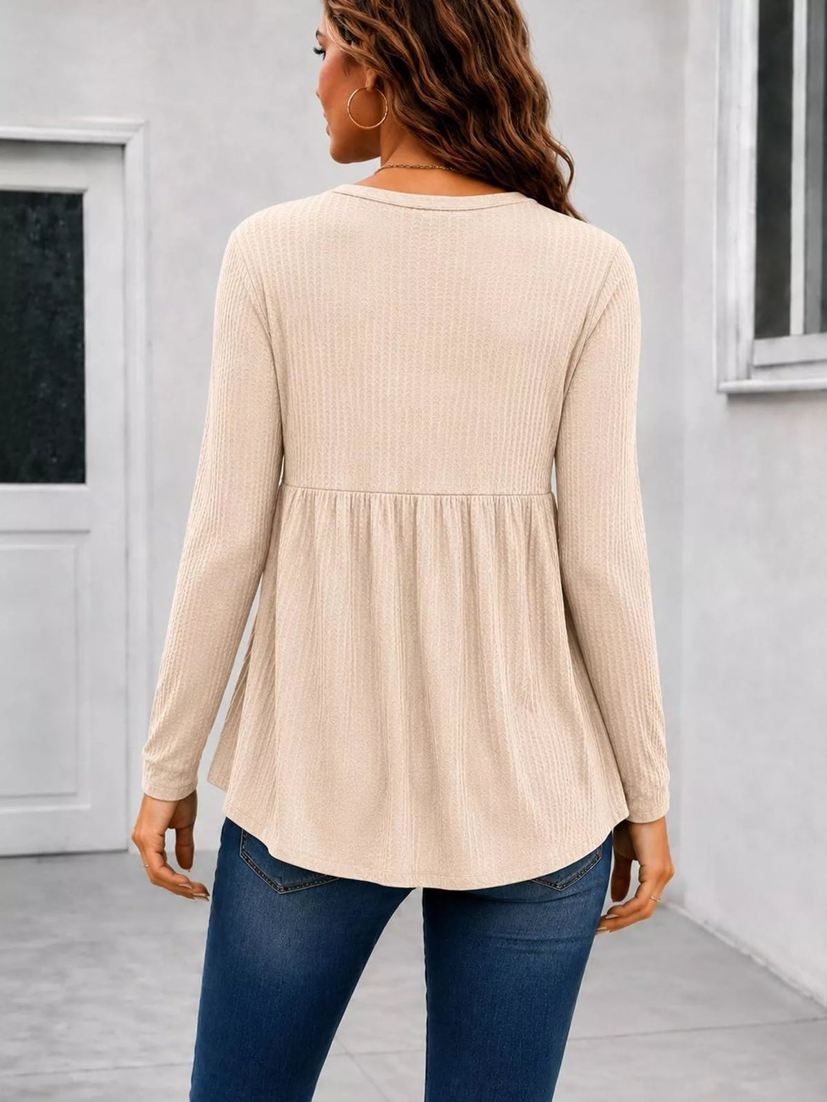 Women's Textured Long Sleeve Peplum Top in Beige, full-length view
