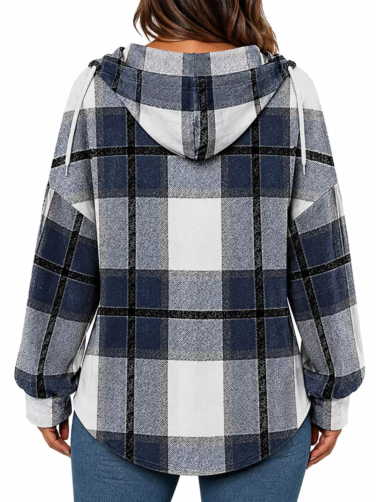 Navy plaid long sleeve hoodie with drawstring, back view
