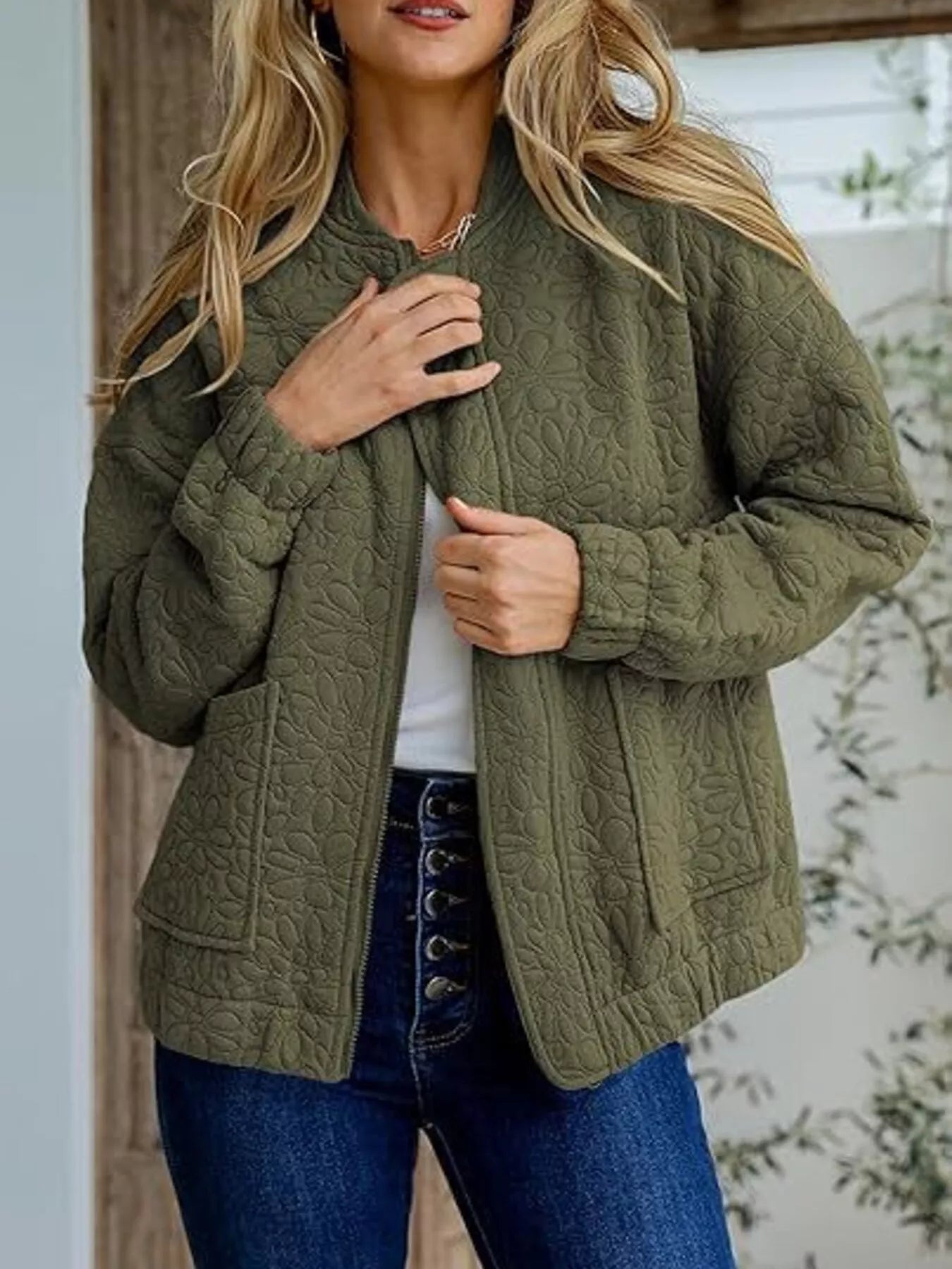 Trendsi Floral Quilted Zip Up Jacket -