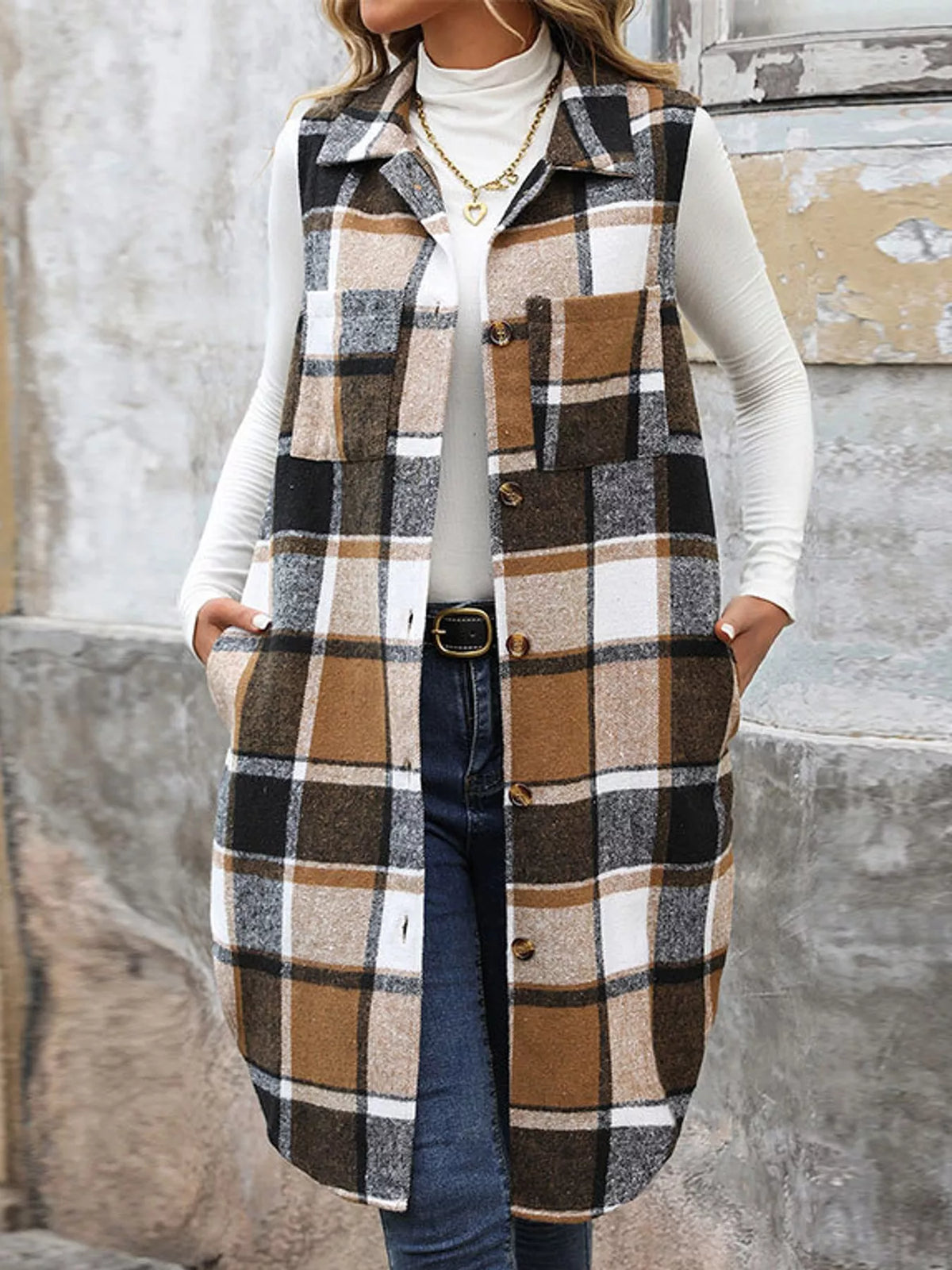 Longline Plaid Button-Down Vest Coat in khaki