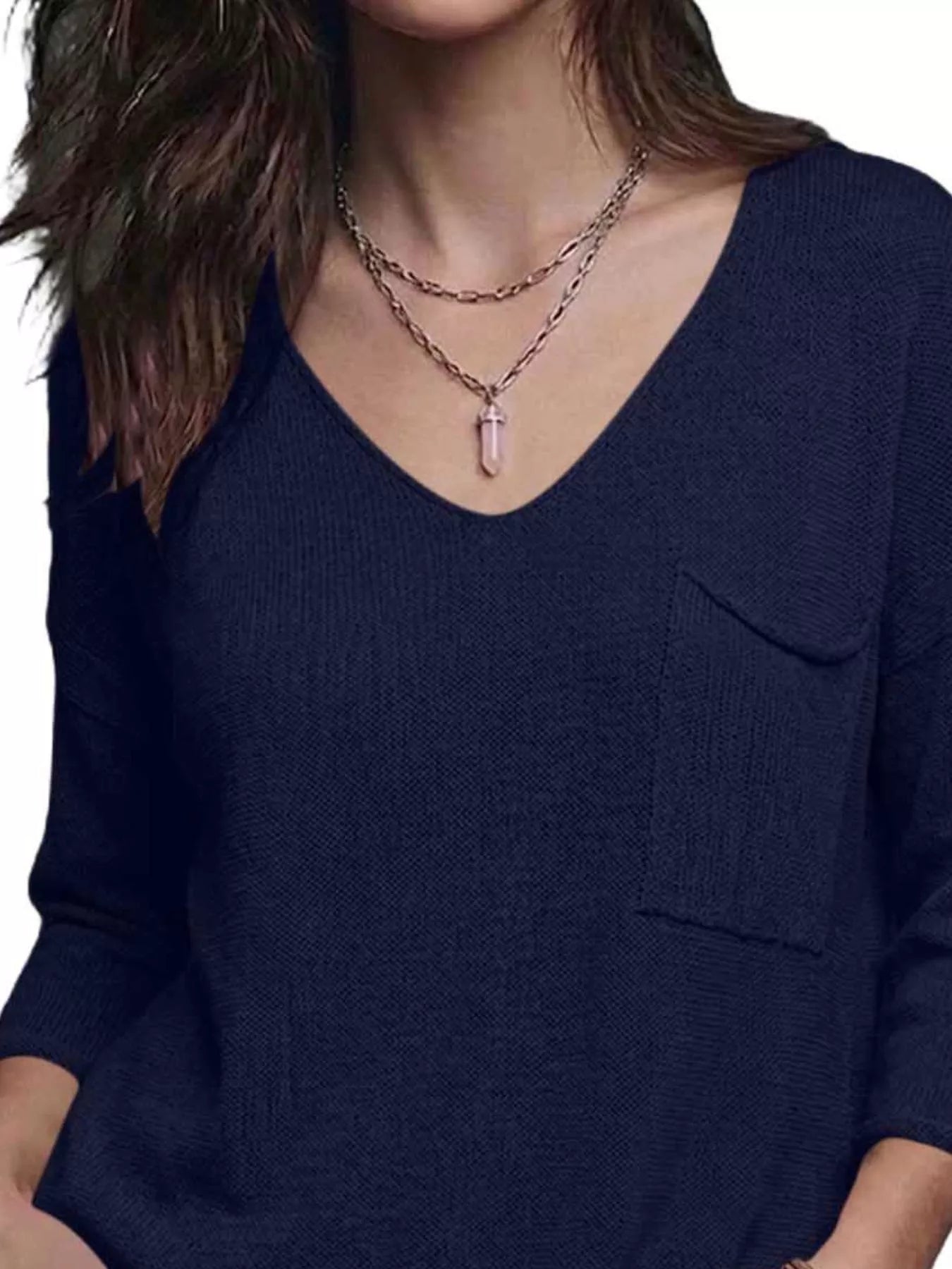 Trendsi V-Neck Chest Pocket Knit Top -
