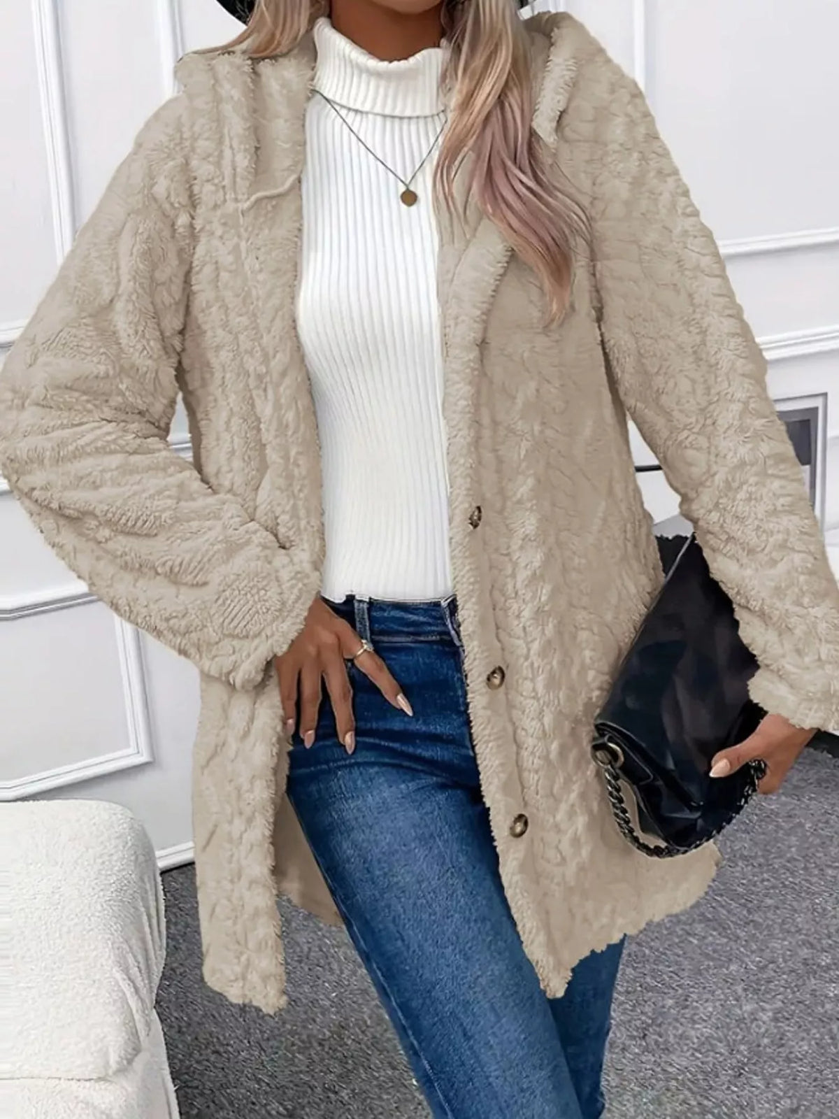 Beige cable knit faux fur hooded jacket