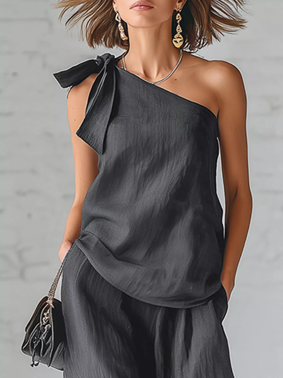 One-Shoulder Bow Top and Wide-Leg Pants Set in black, top detail