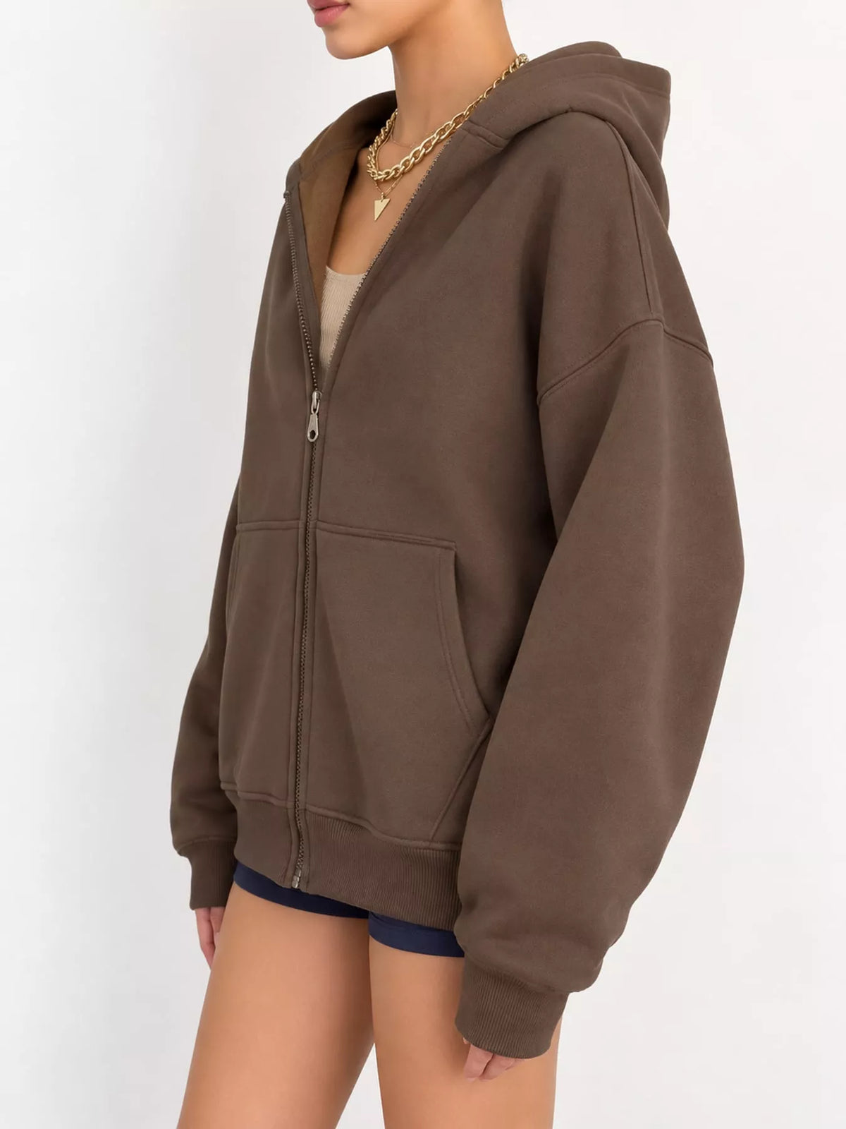 Women's Zip-Up Dropped Shoulder Hoodie in brown — side view