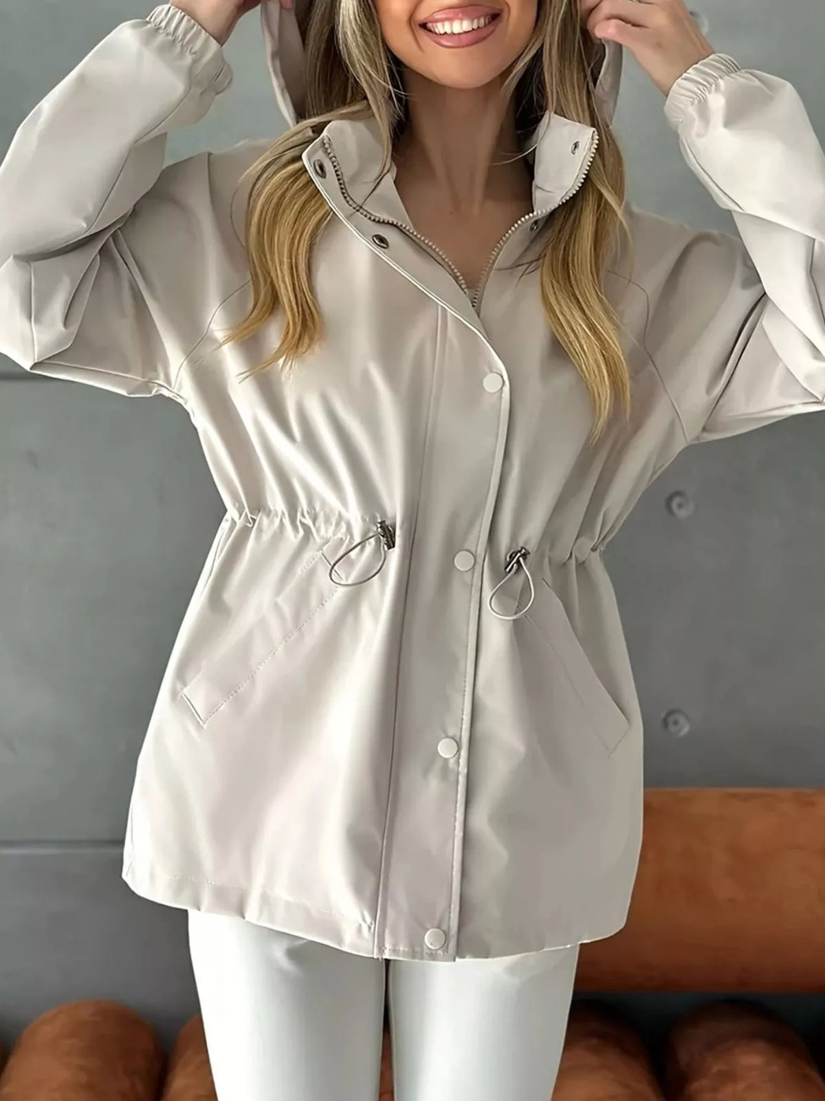 Apricot hooded drawstring waist windbreaker jacket