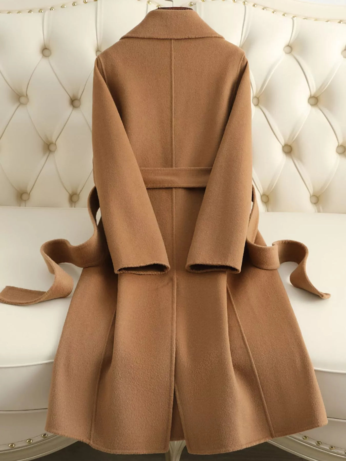 Camel belted longline wool coat, back view