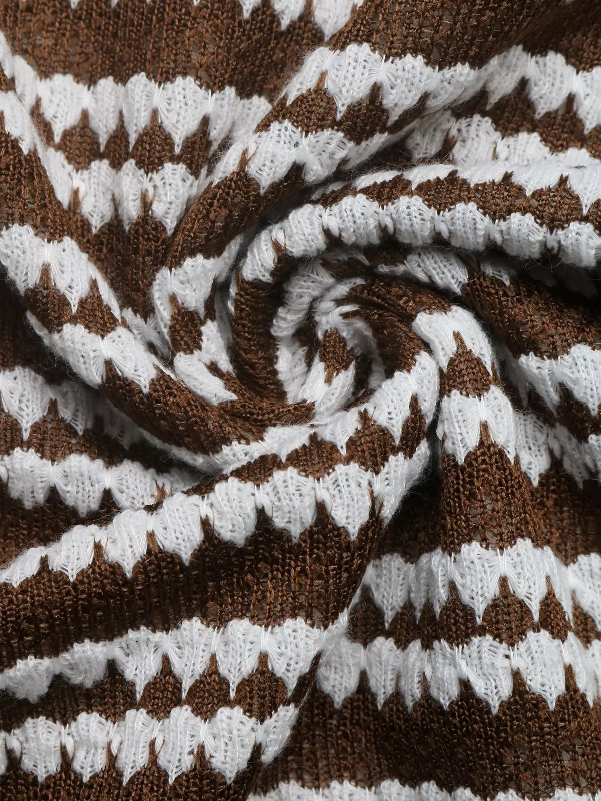 Brown and white striped flare sleeve knit dress, knit fabric close-up