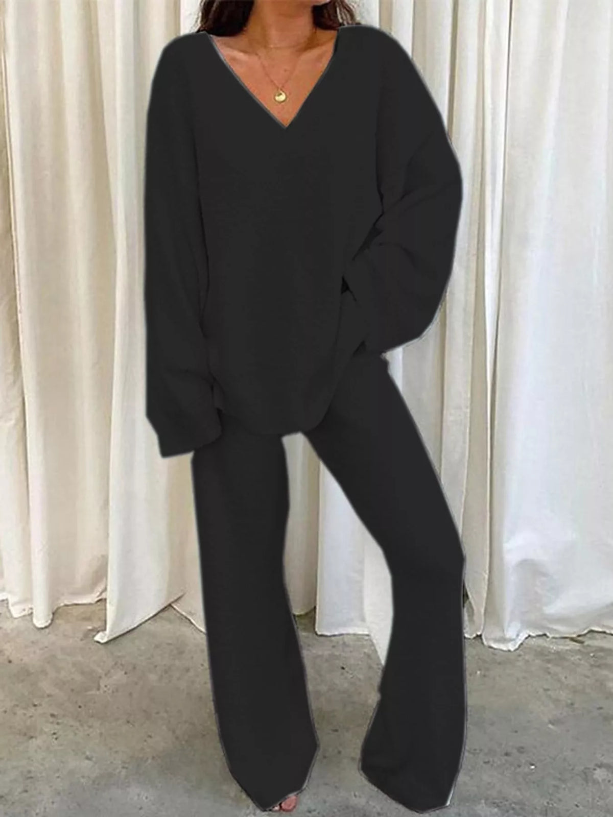V-Neck Top and Wide Leg Pants Lounge Set in black