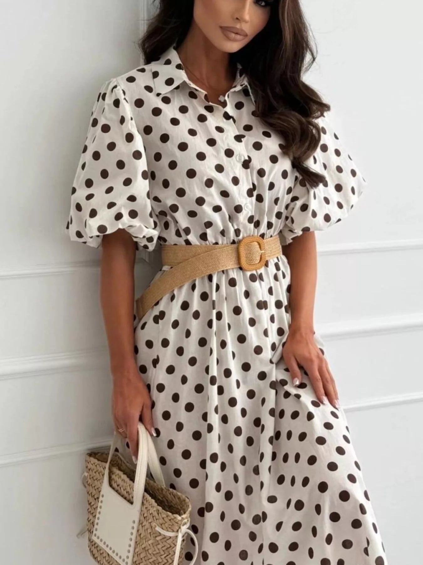 Trendsi Polka Dot Puff Sleeve Midi Dress -