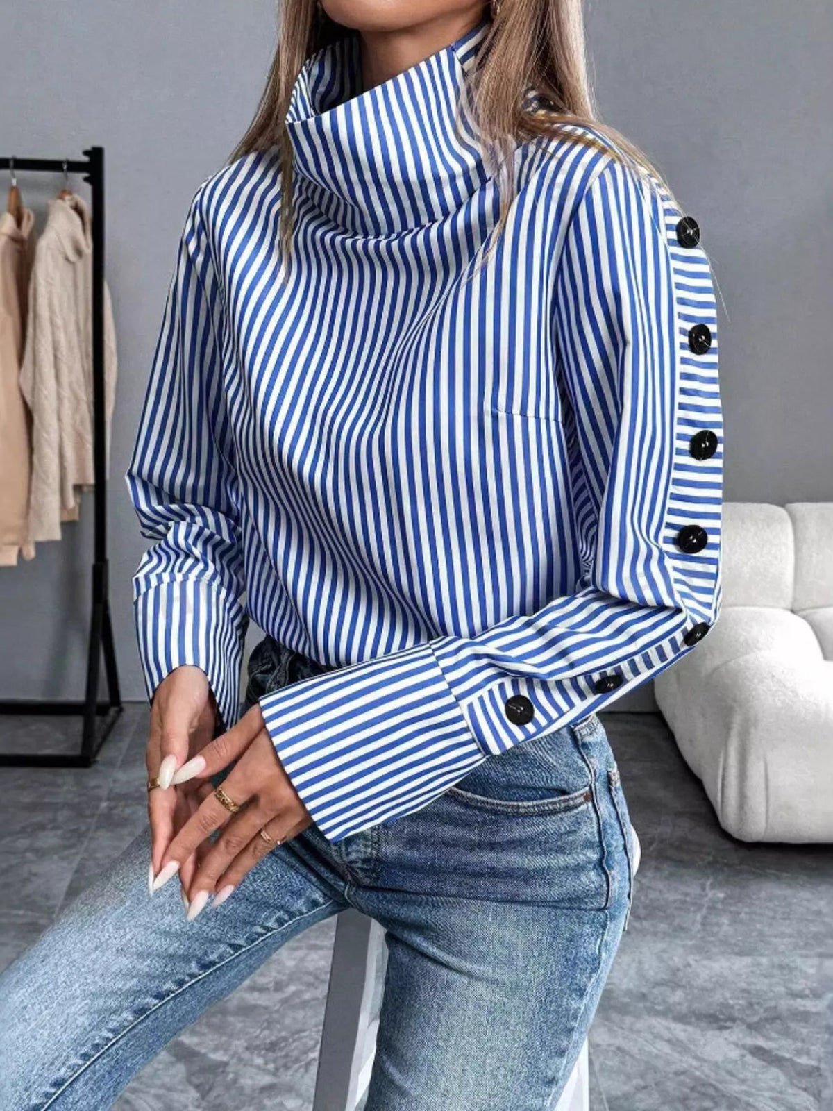 Trendsi Striped Turtleneck Long Sleeve Blouse -