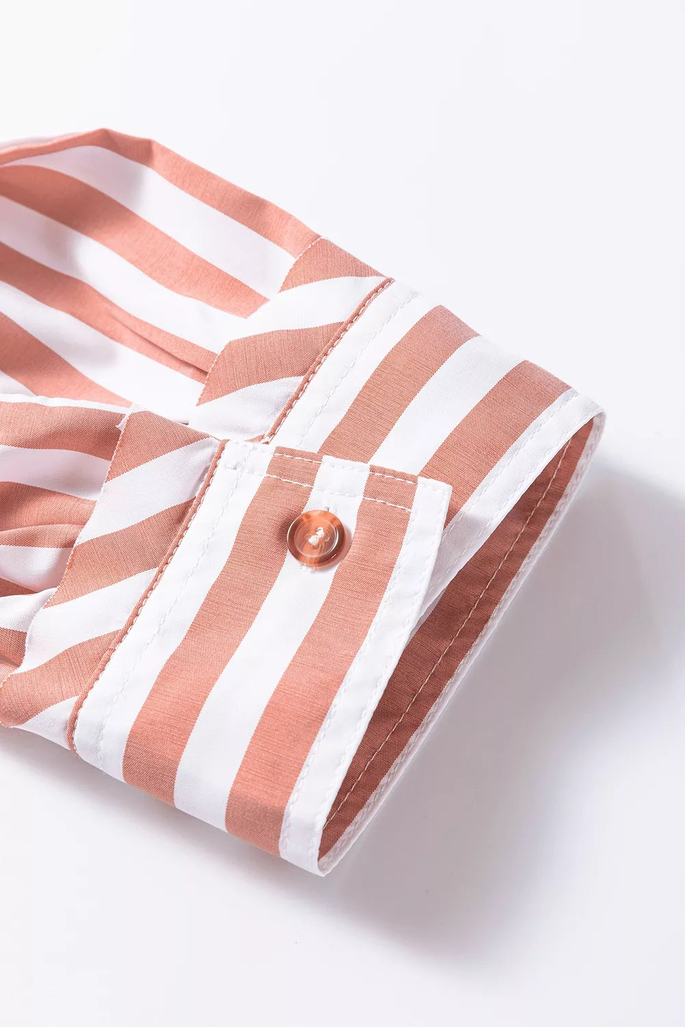 Women's pale blush striped button-front bracelet sleeve ruffle hem shirt