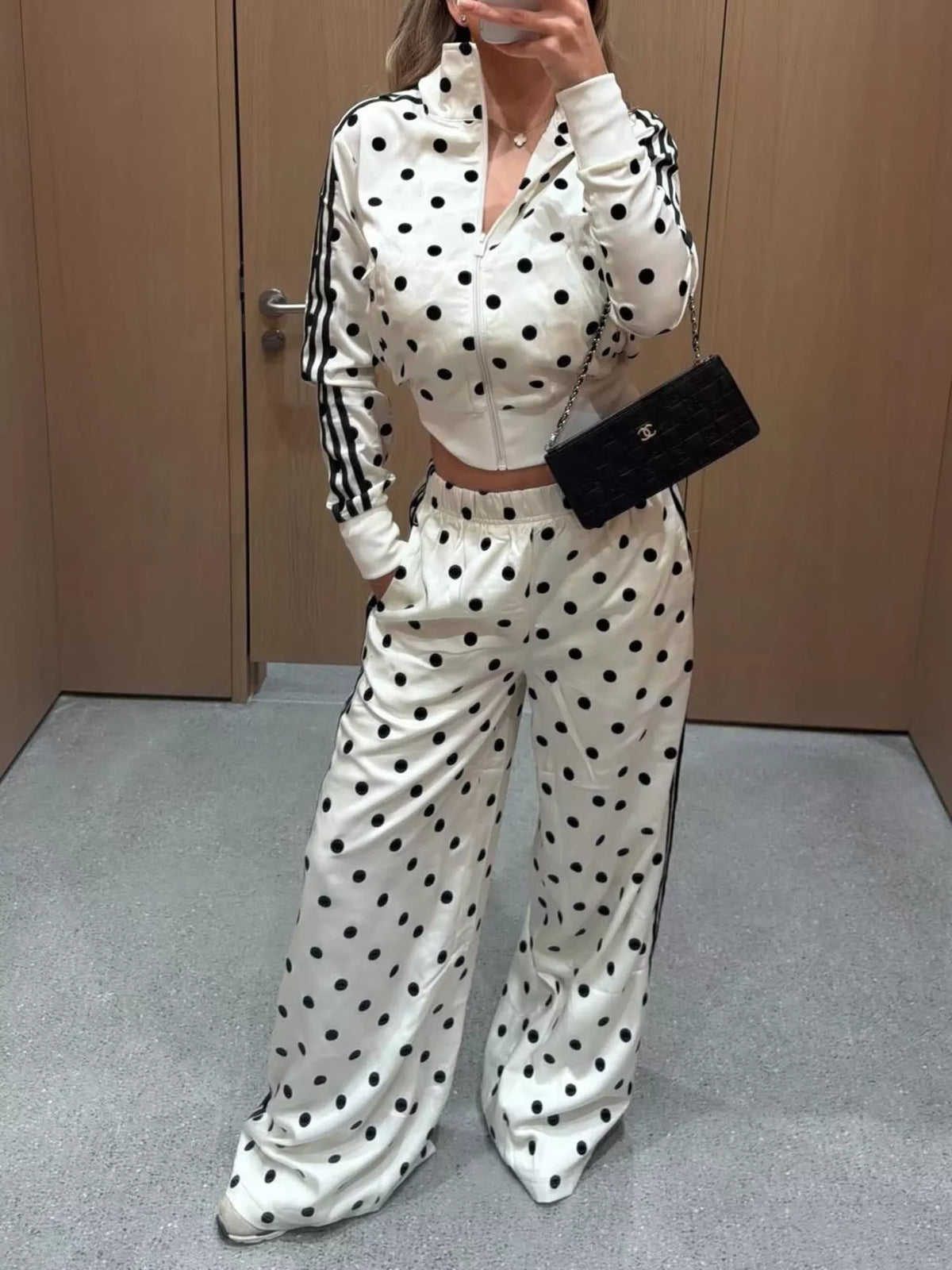 Trendsi Polka Dot Side Striped Outerwear and Pants Set -