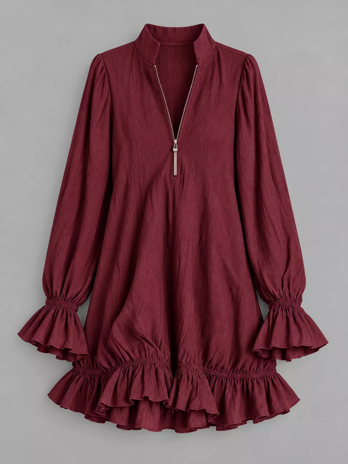 Ruffled-hem mini dress, burgundy flat front