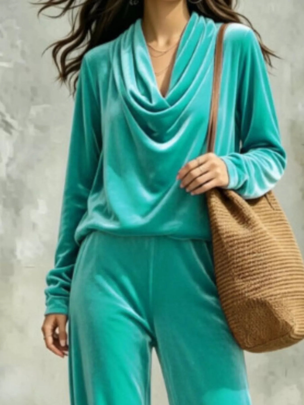 Turquoise velvet cowl neck top and pants set, cowl neck detail