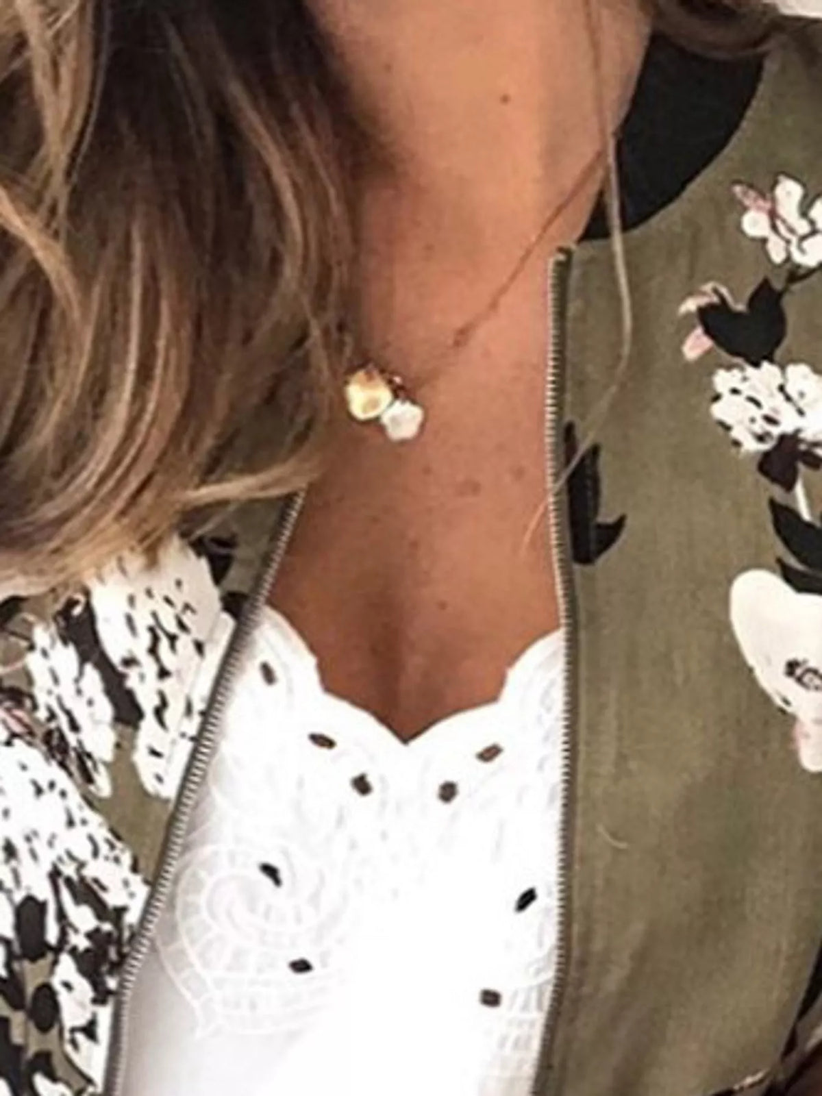Olive floral printed zip-up bomber jacket — design and construction details