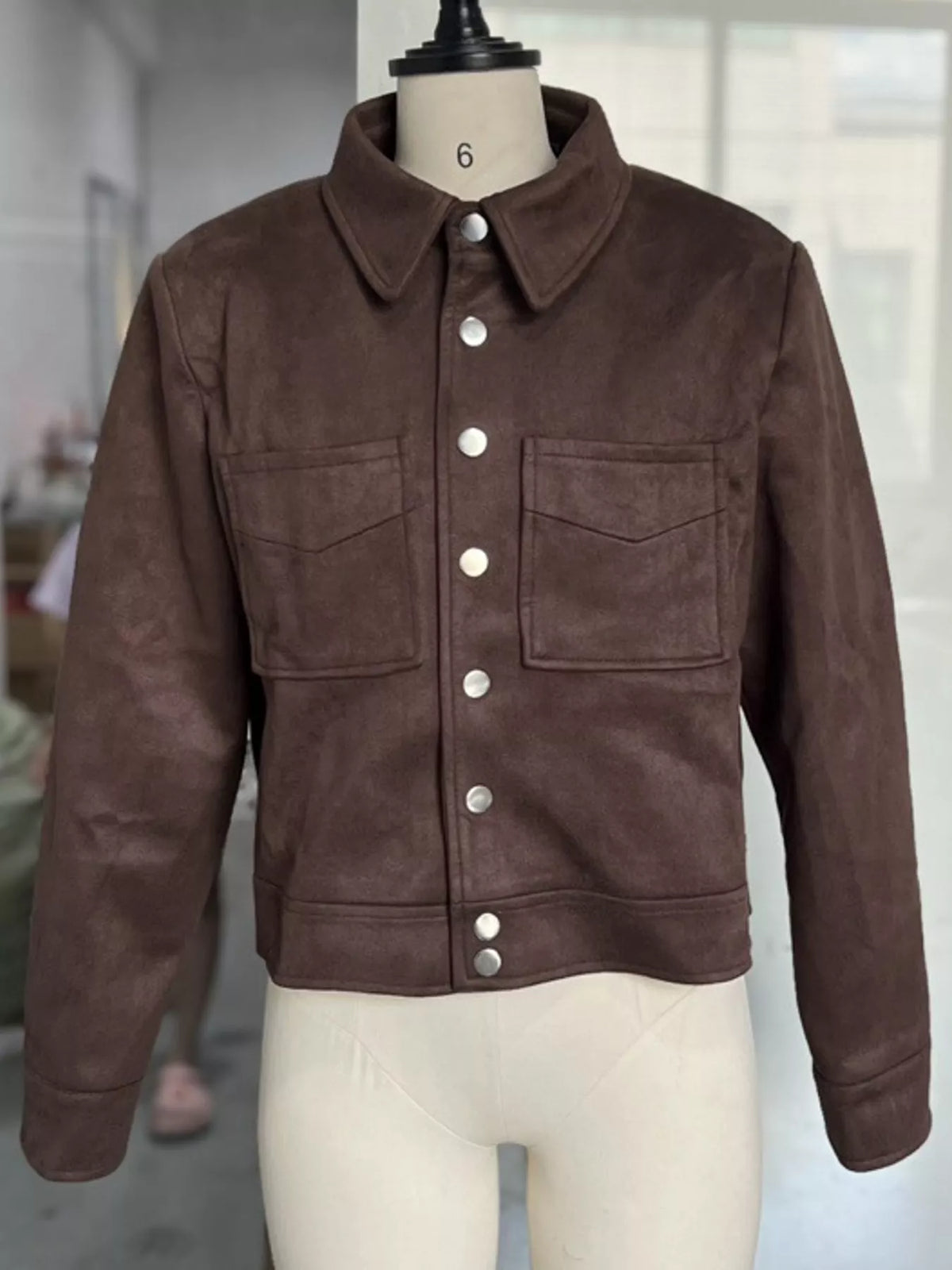 Brown-Turn-Down Collar Single-Breasted Suede Jacket vintage style suede button-down jacket