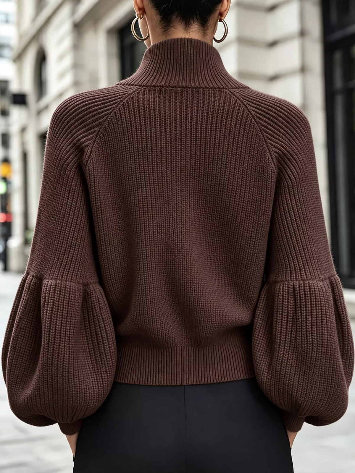 Coffee ribbed knit zip-up lantern sleeve cardigan, back view