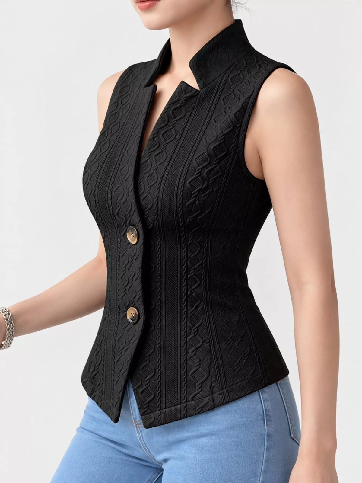 Textured Button-Down Vest in black, side view