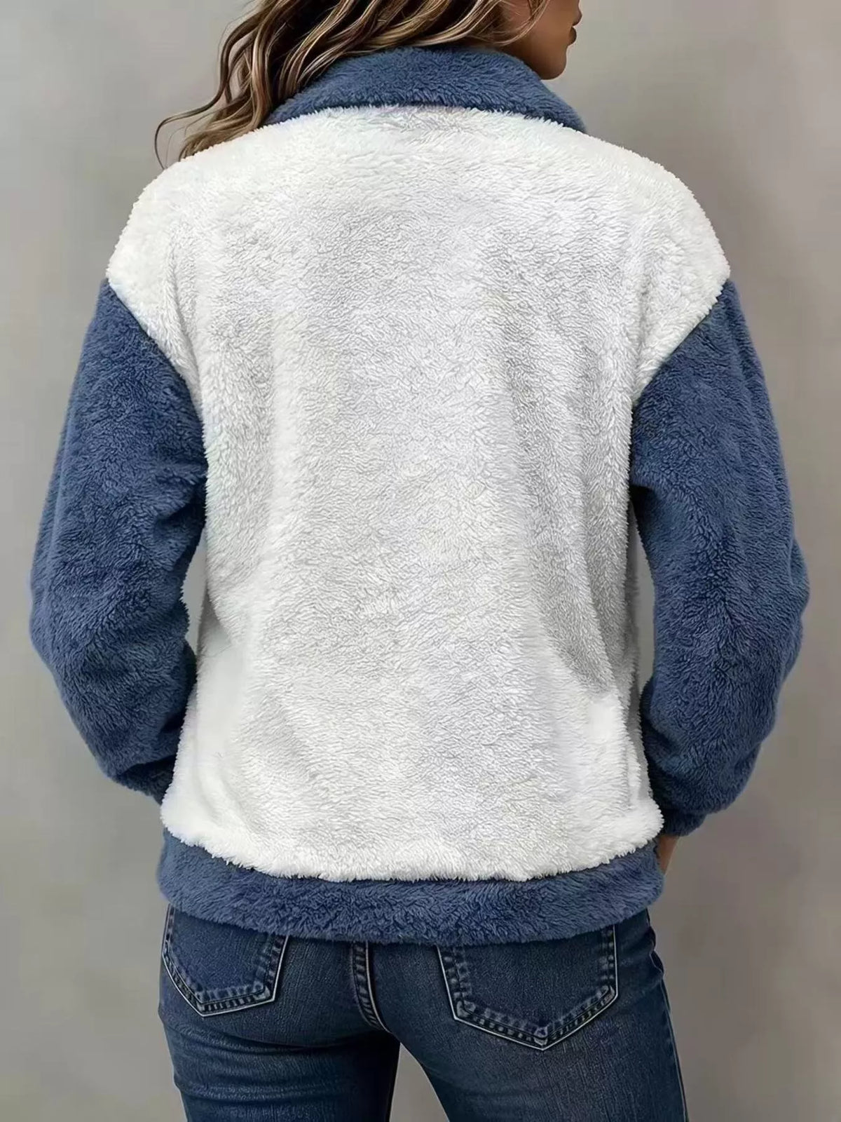 White and blue color-block fuzzy sweatshirt, back view
