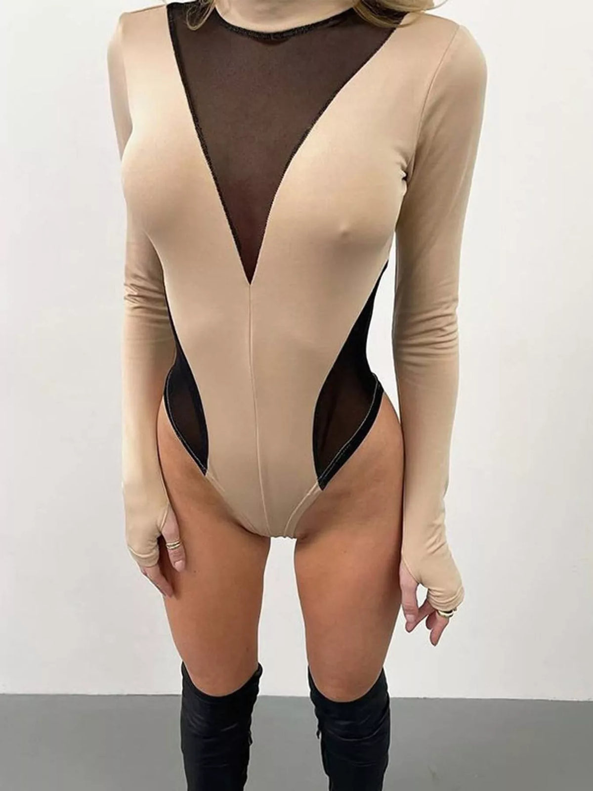 Sheer Mesh Panel Long Sleeve Mock Neck Bodysuit — front view