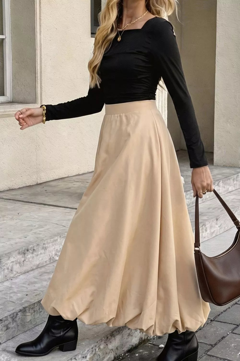 Tan high-waisted a-line midi skirt