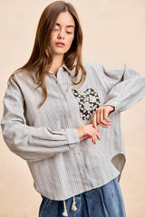 Trendsi BiBi Flower Jacquard Knit Patch Pocket Stripe Shirt -