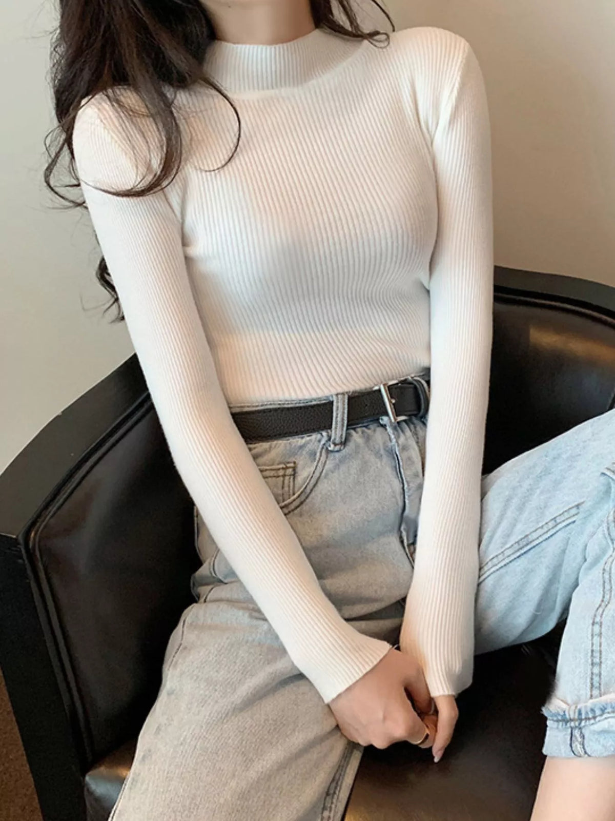 White ribbed mock neck long sleeve knit top