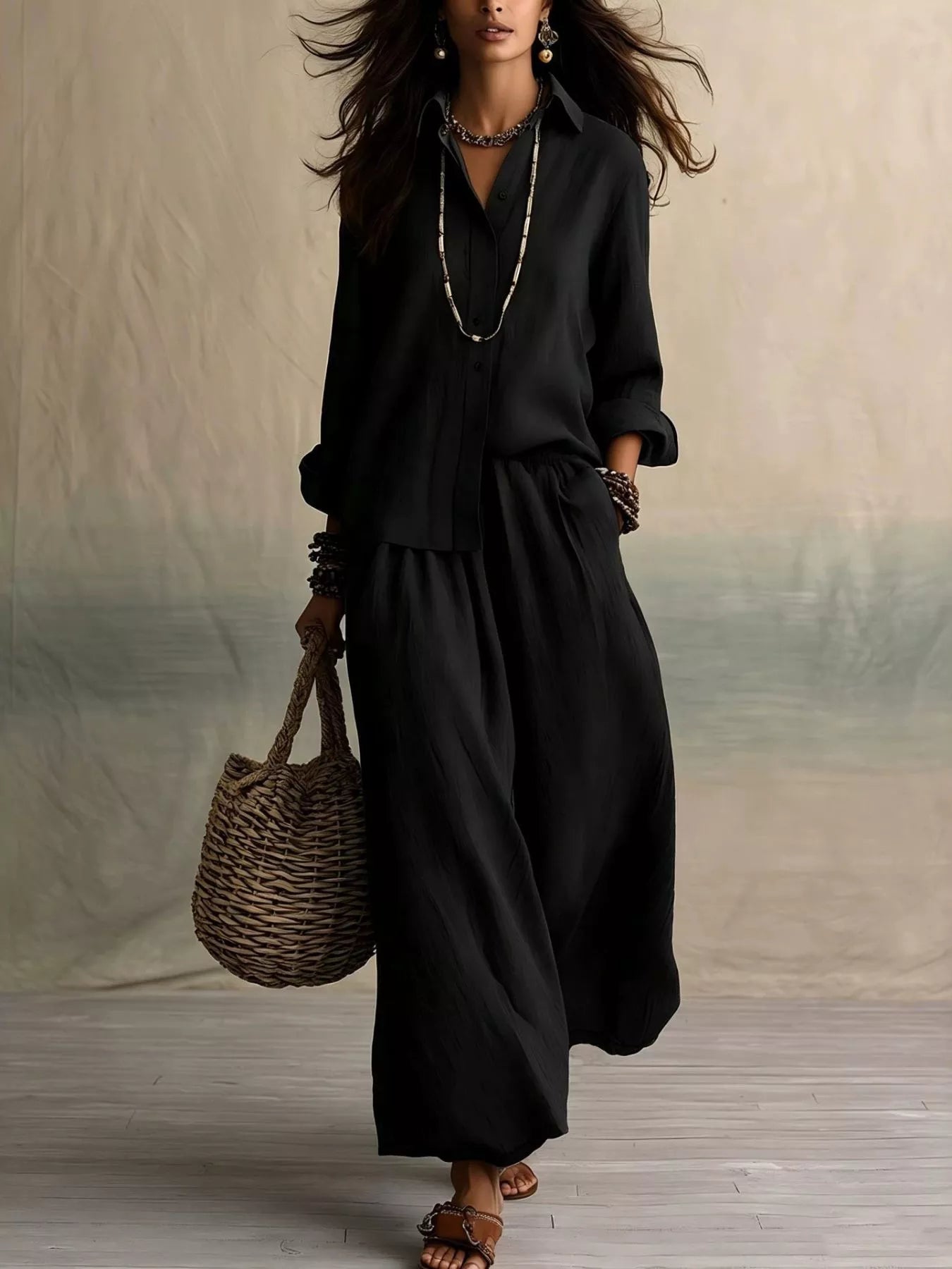 Trendsi Full Size Button Up Shirt and Wide-Leg Pants Set Plus Size -