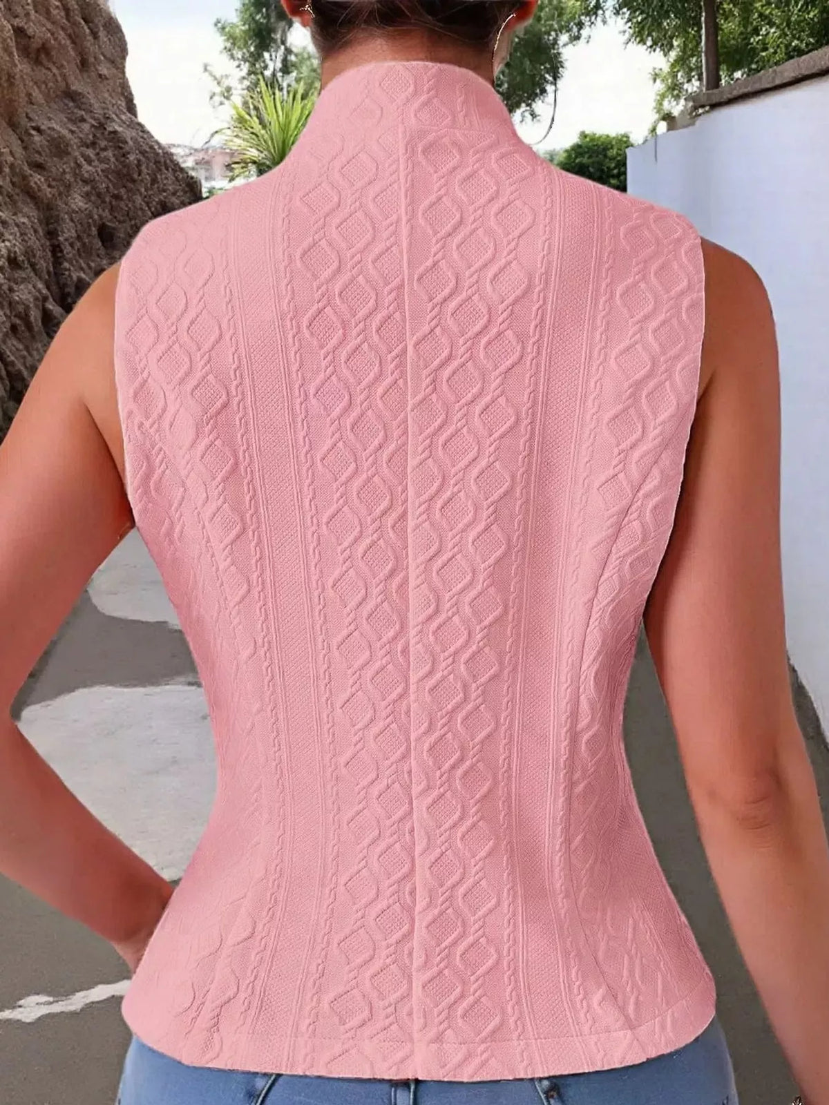 Textured Button-Down Vest in pink, back view