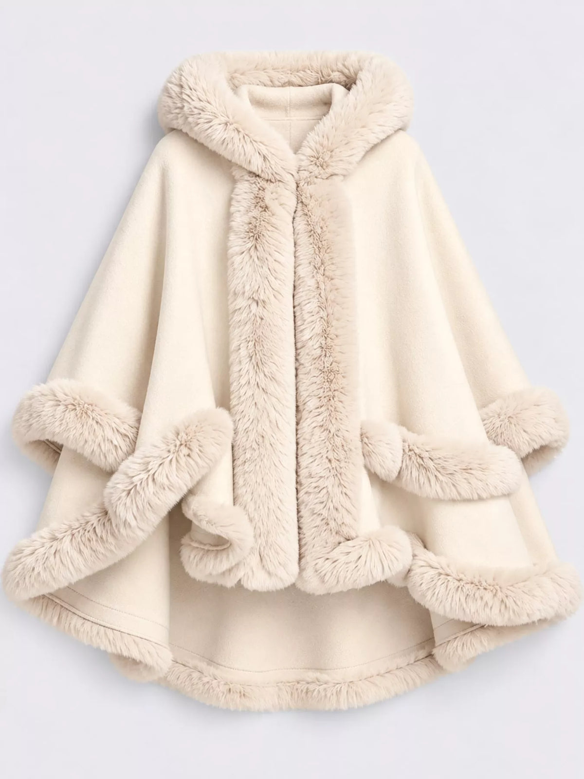 Faux-fur-trim cape, cream flat lay