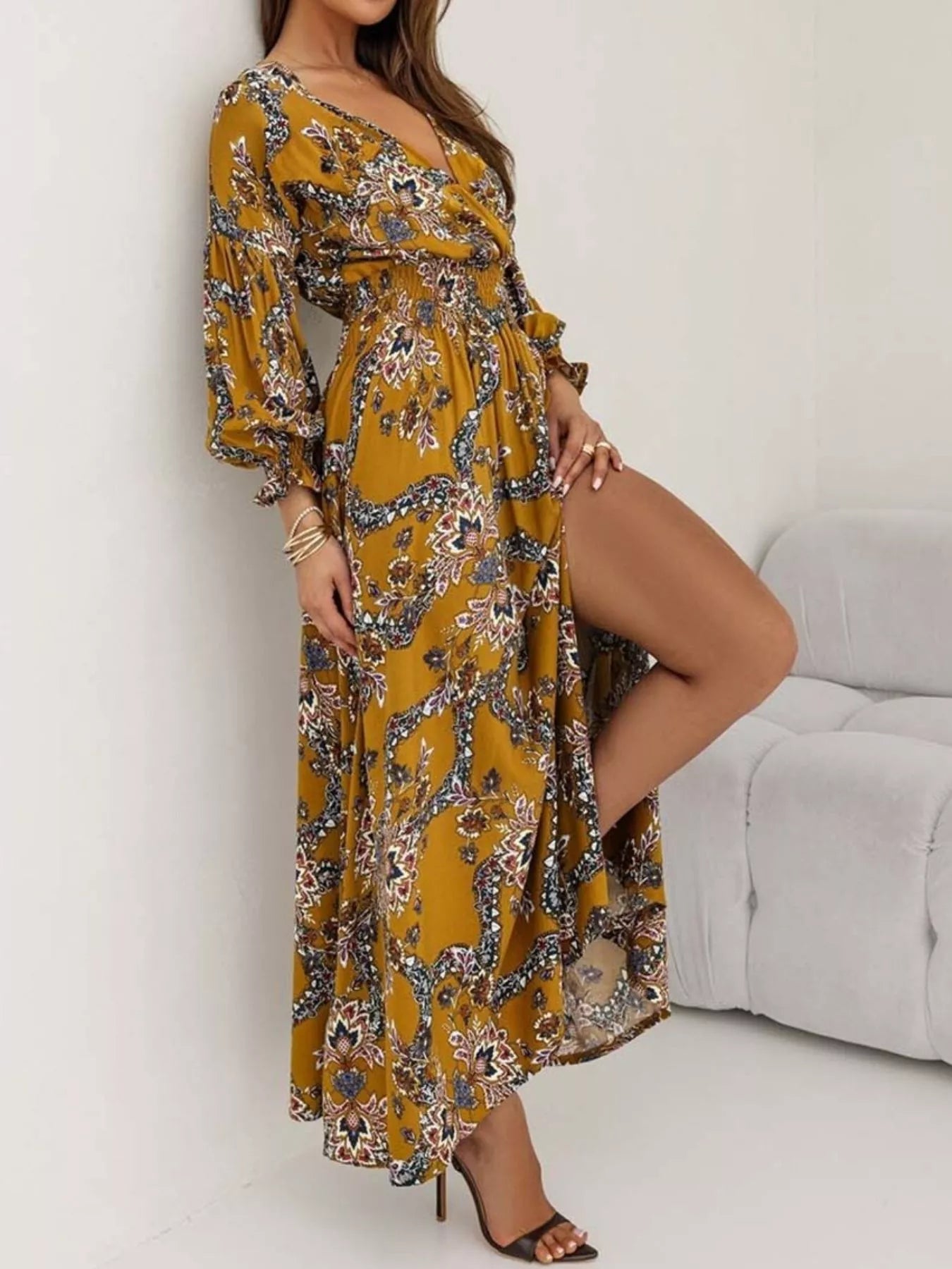 Trendsi Bohemian Printed Maxi Dress with Plunging Neckline -