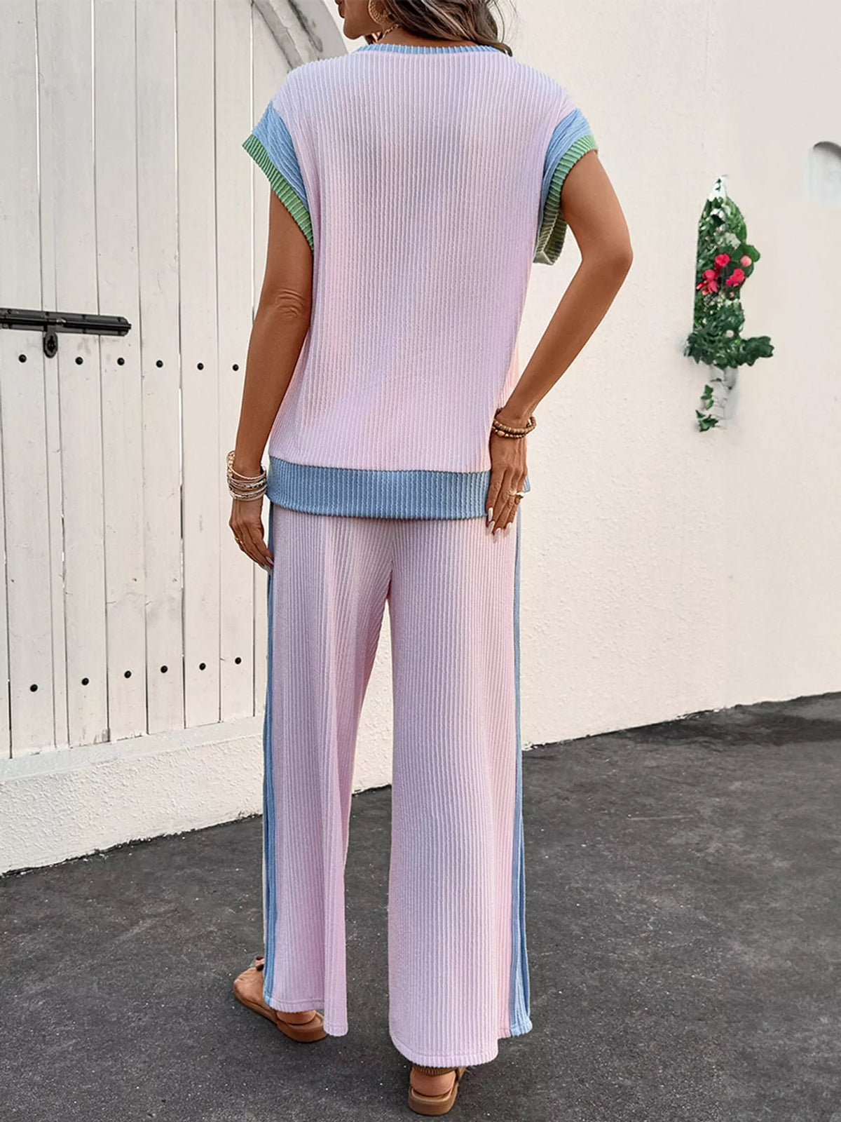 Blush Pink contrast trim top and pants set, back view