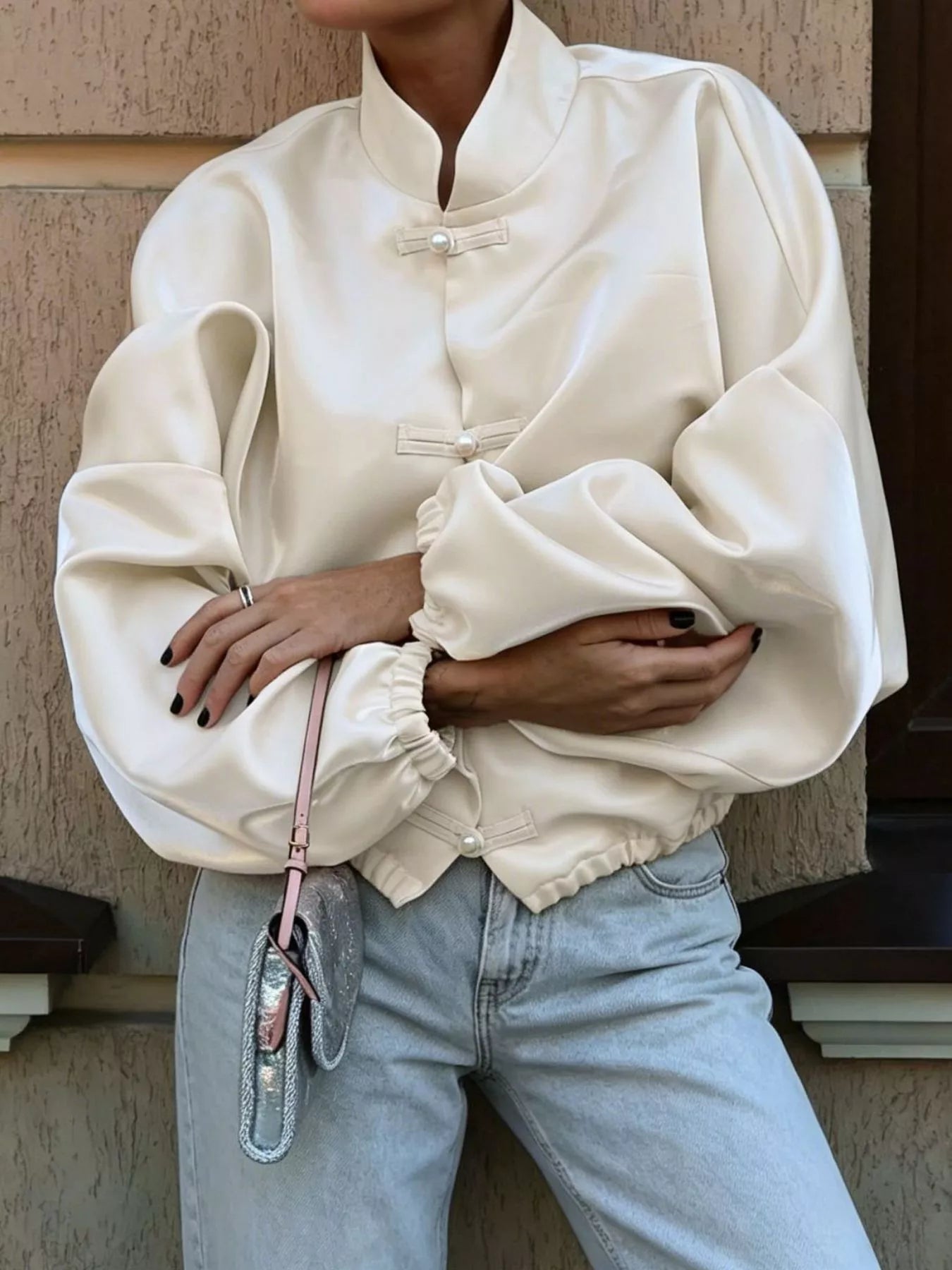 Trendsi Mandarin Collar Pearl Button Shacket -