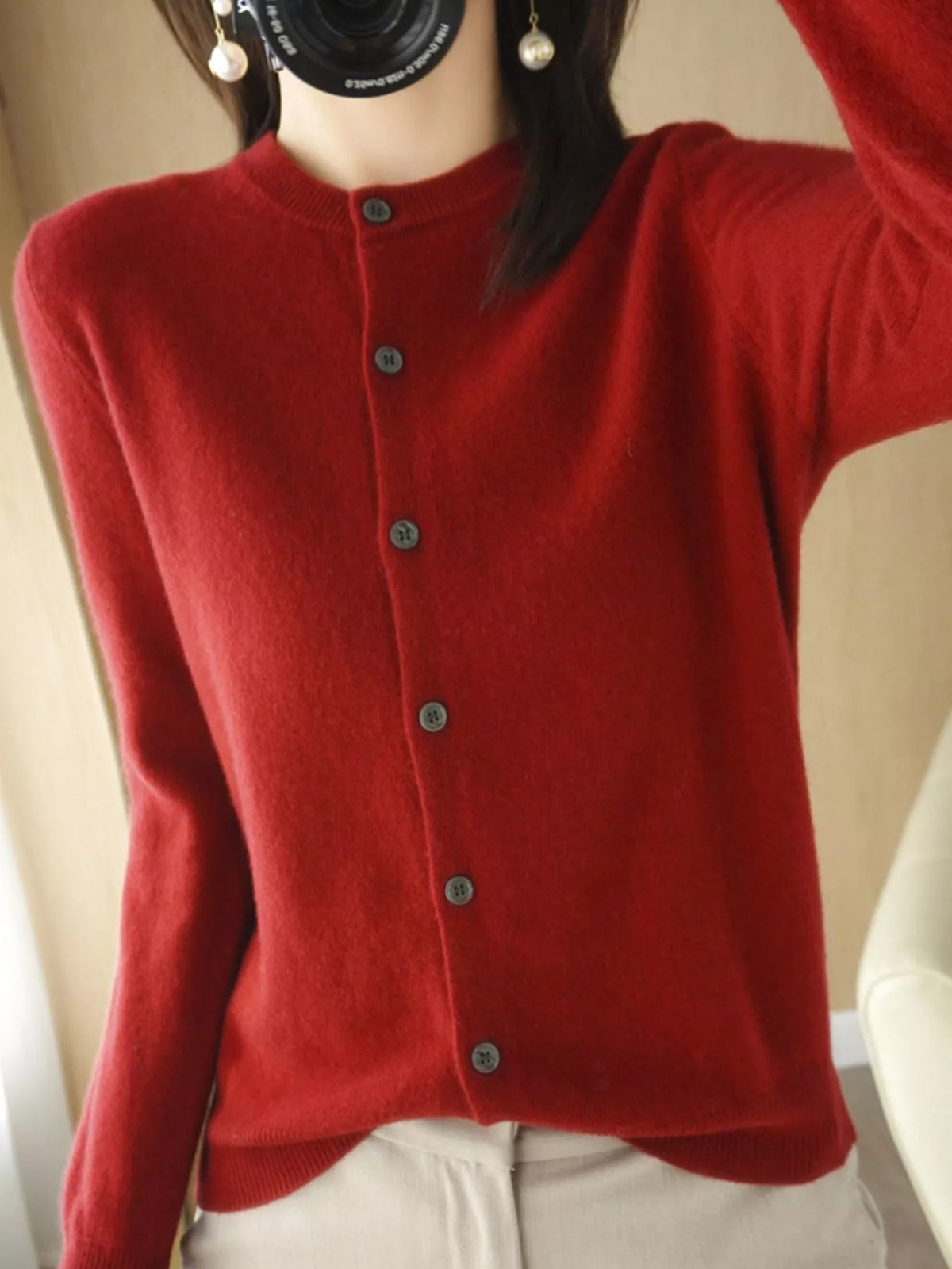 Red crew neck button-front cardigan