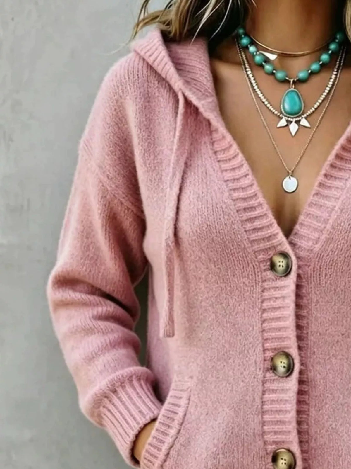 Women's Hooded Button-Down Knit Cardigan in pink — button detail view