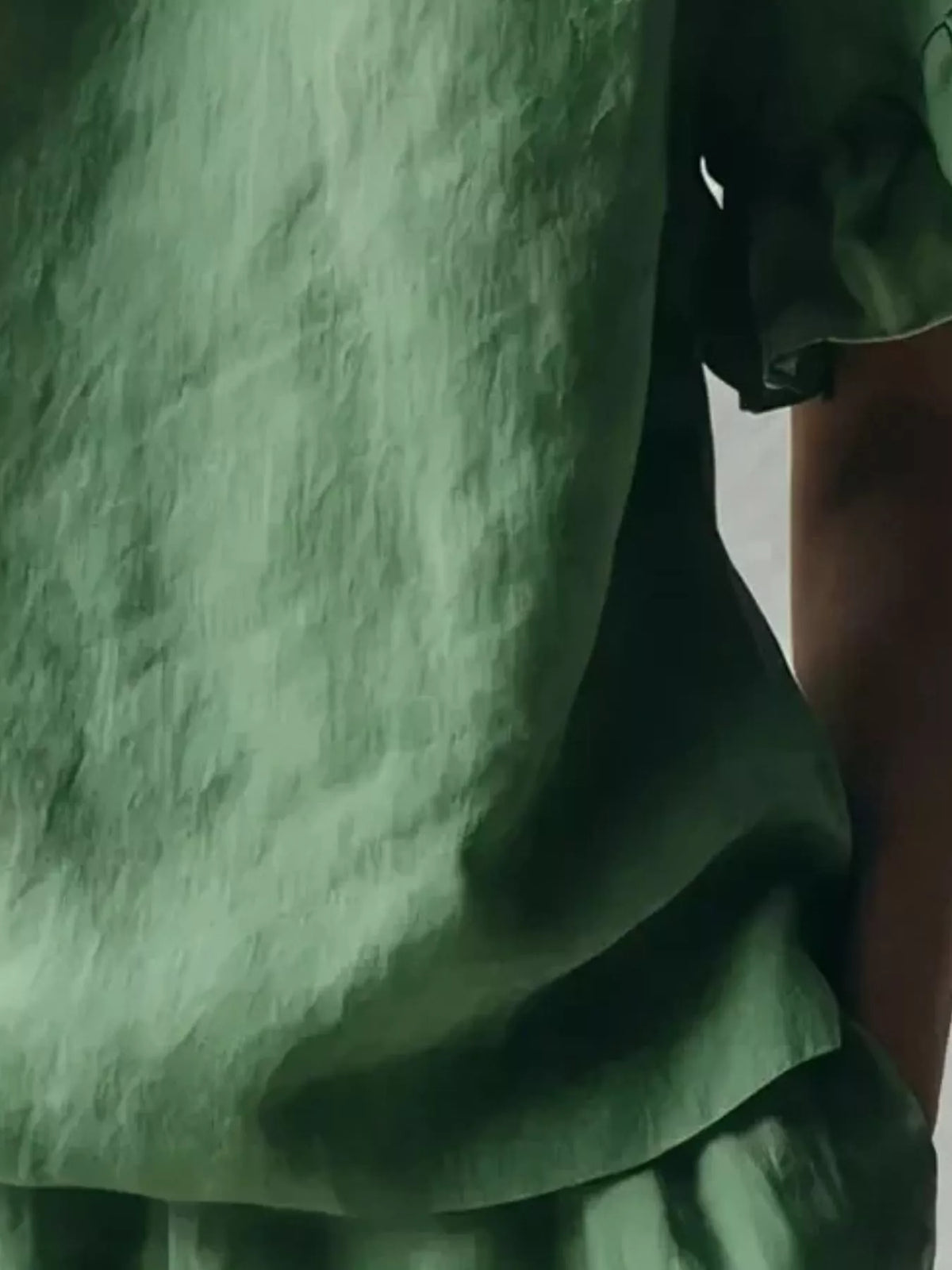 Emerald Green Ruffle-Neck Short Sleeve Blouse, hem detail