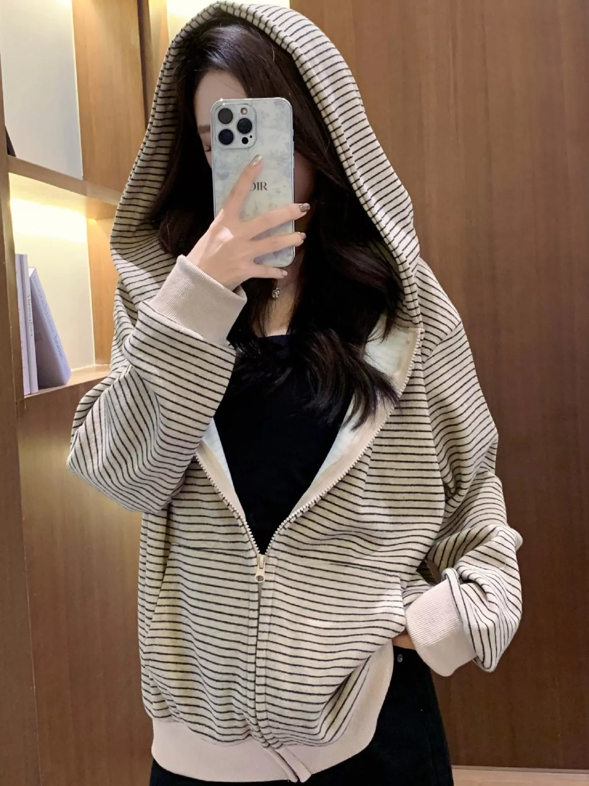 Cream and gray striped zip-up hoodie