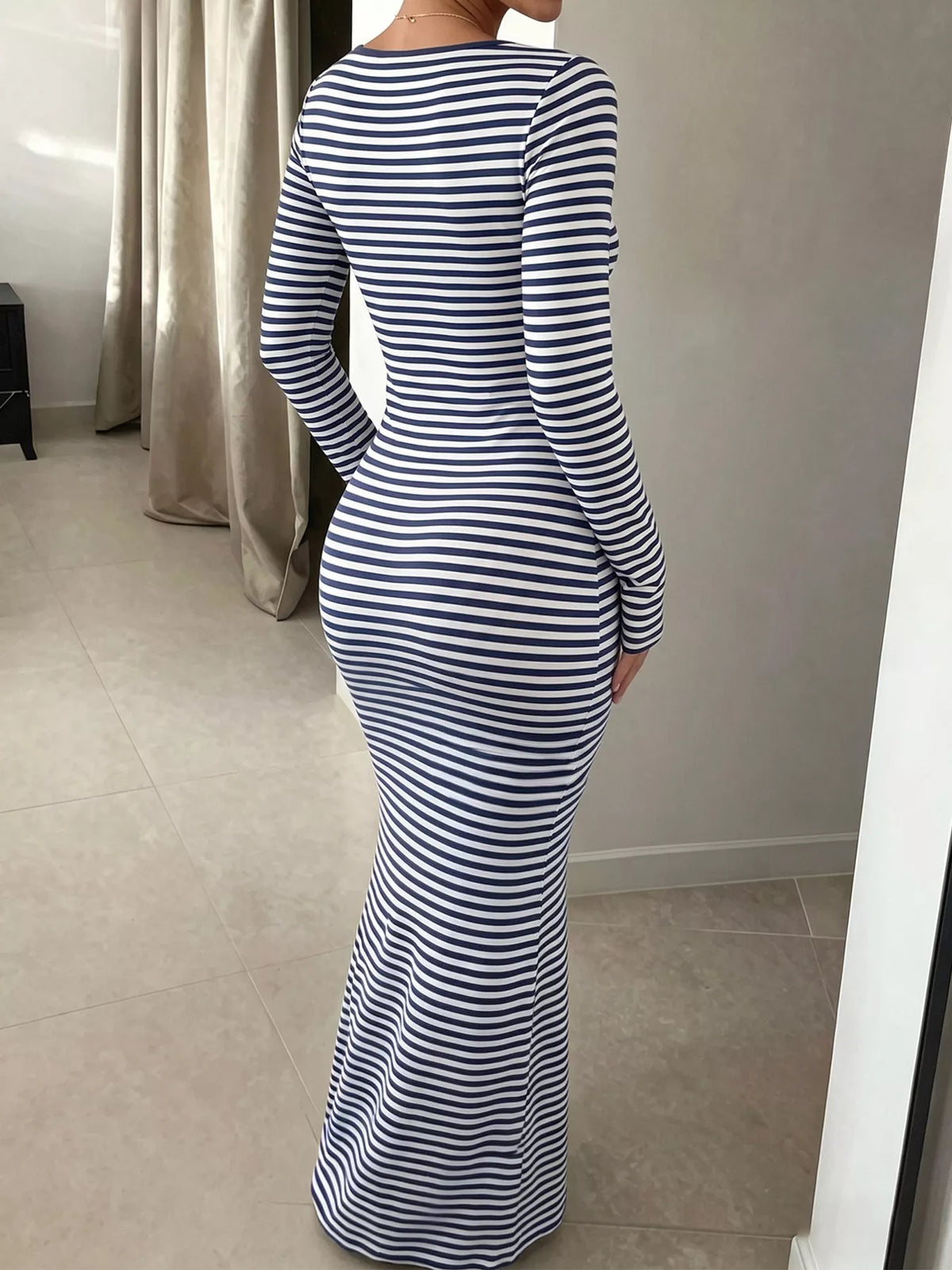 Trendsi Striped Long Sleeve Square Neck Maxi Dress -