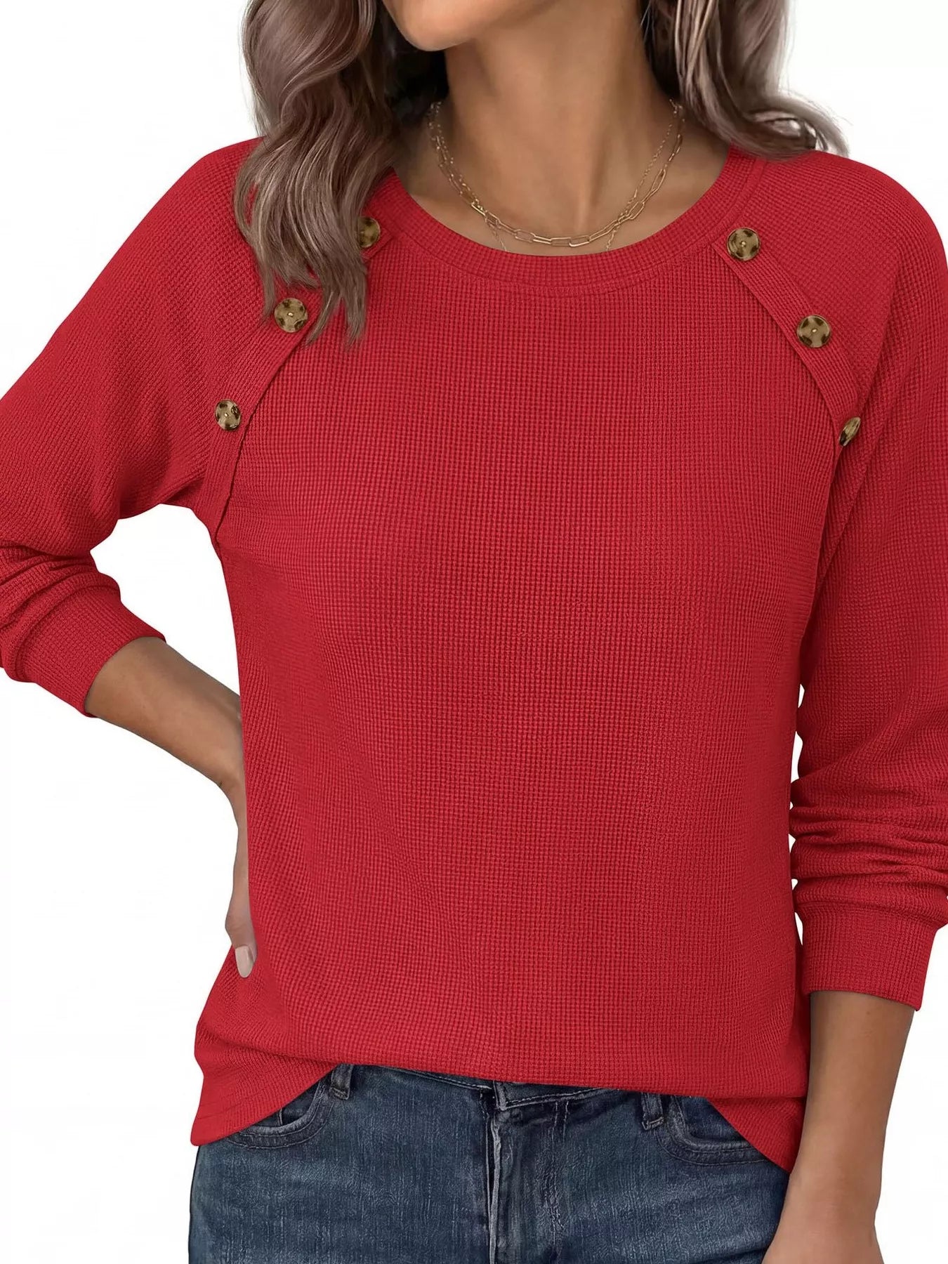Trendsi Decorative Button Waffle Knit Long Sleeve T-Shirt -