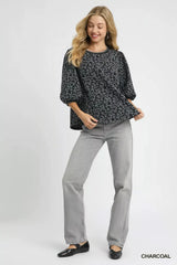 Trendsi Umgee Leopard Print Jacquard Blouse with Puff Sleeves -