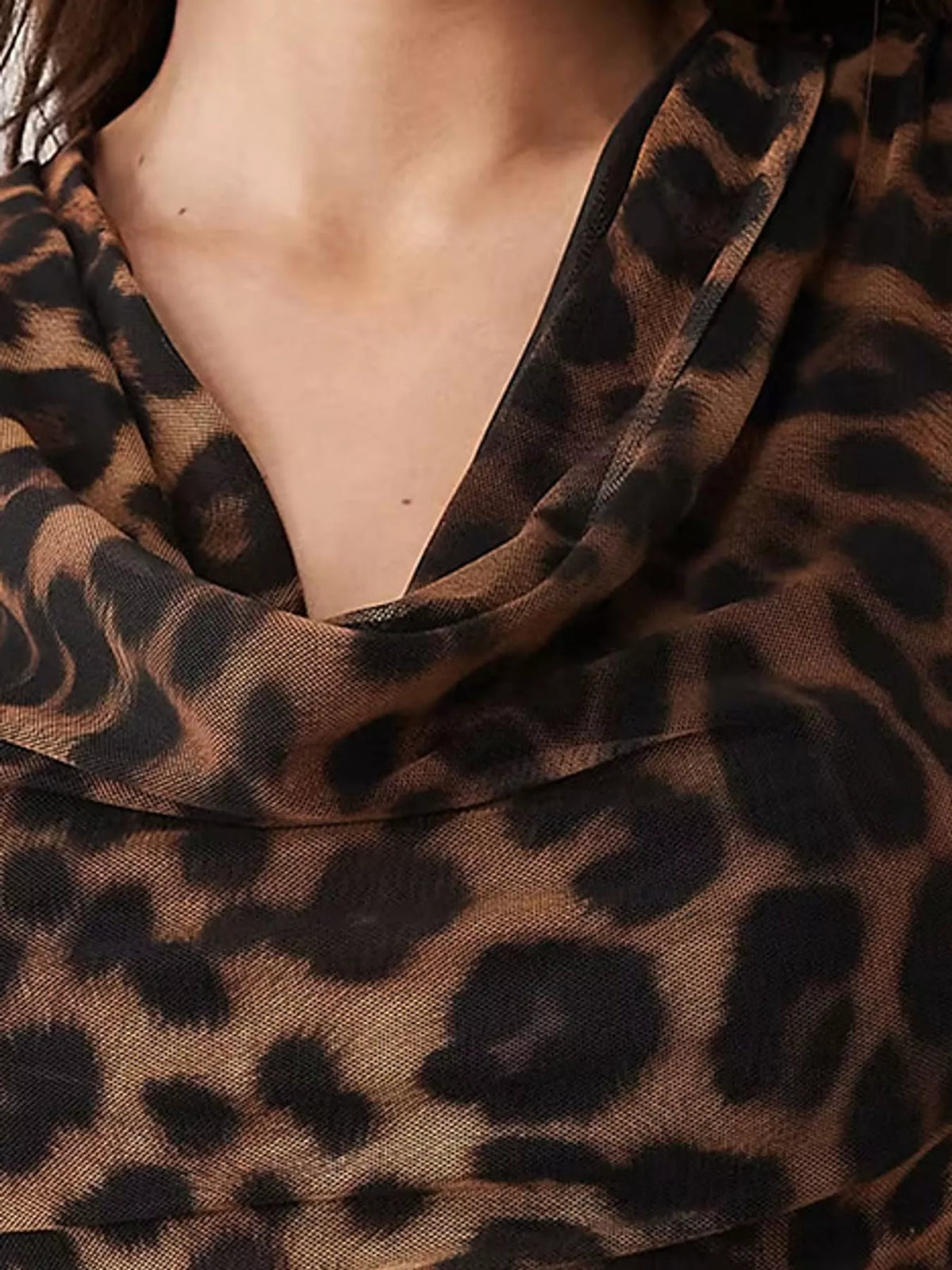 Leopard Print Cowl Neck Sleeveless Tank Top, detail view in leopard print