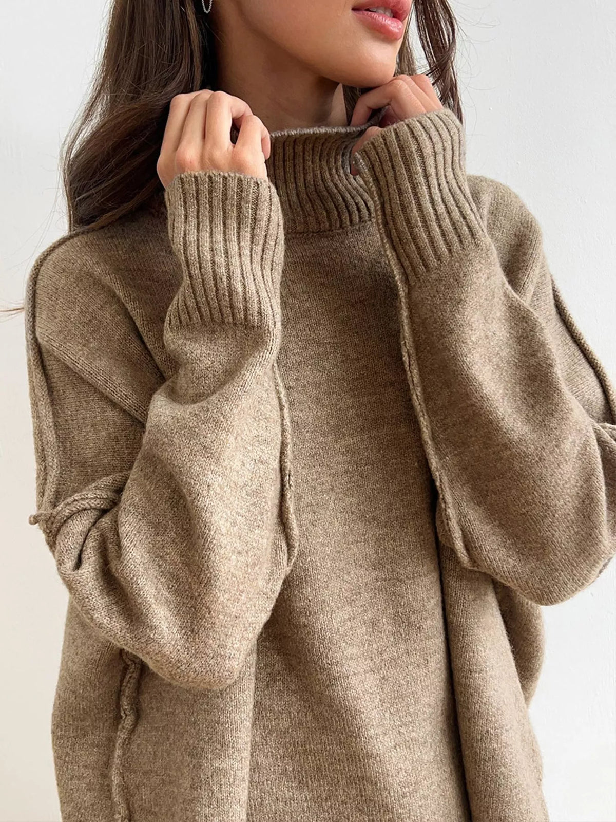 Oversized Turtleneck Knit Top and Wide-Leg Pants Sweater Set, detail view in beige