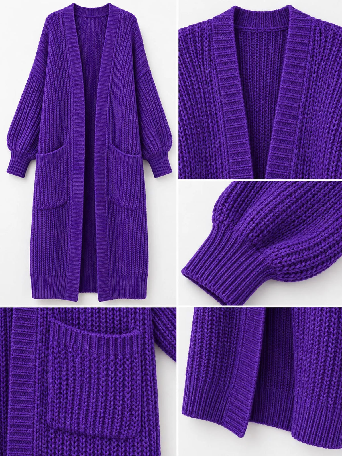 Longline knit cardigan, purple detail collage