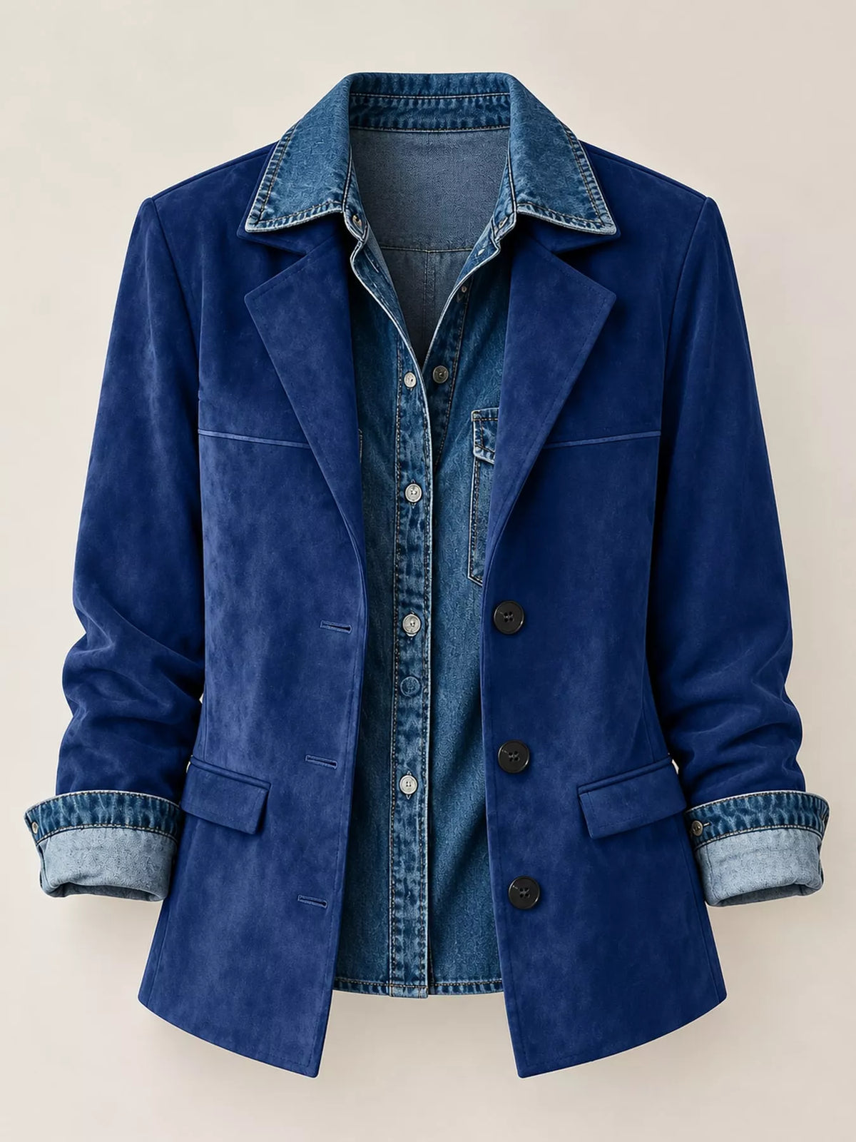 Blue lapel collar button-up blazer — front view