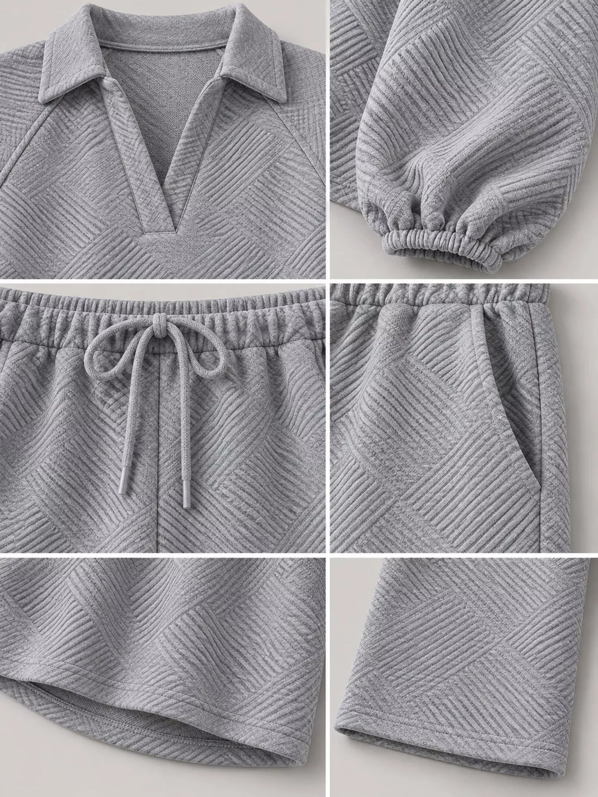 Gray textured polo collar top and wide-leg pants set — design and construction details
