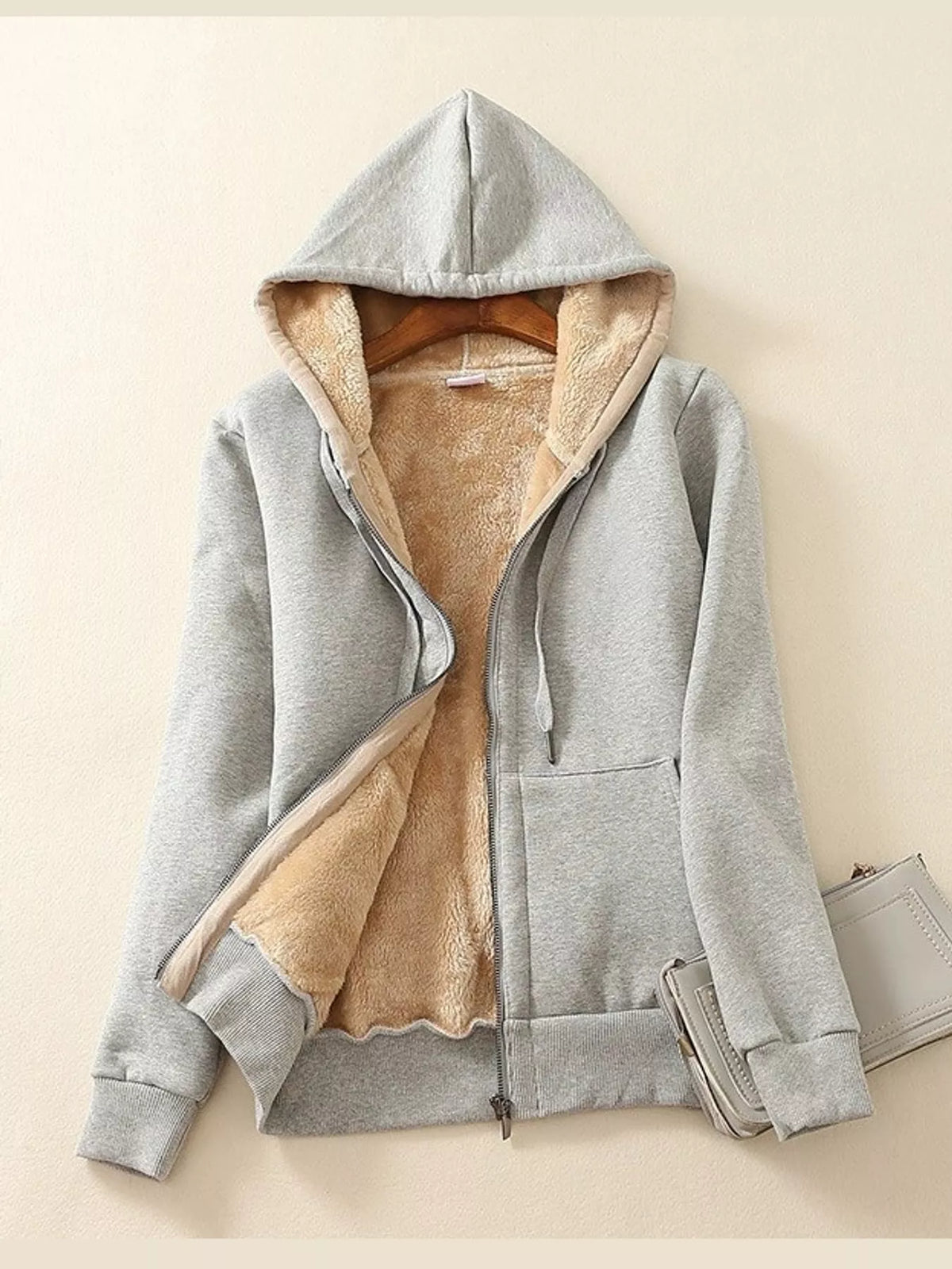 Fleece-Lined Thermal Zip-Up Hoodie in light gray, front view