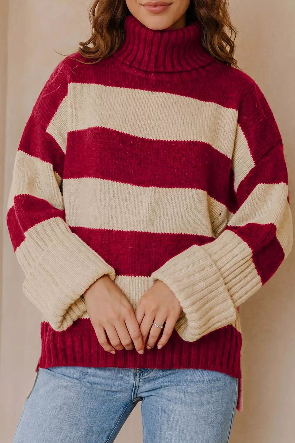 Striped High Neck Ribbed Trim Sweater in red and cream, front view
