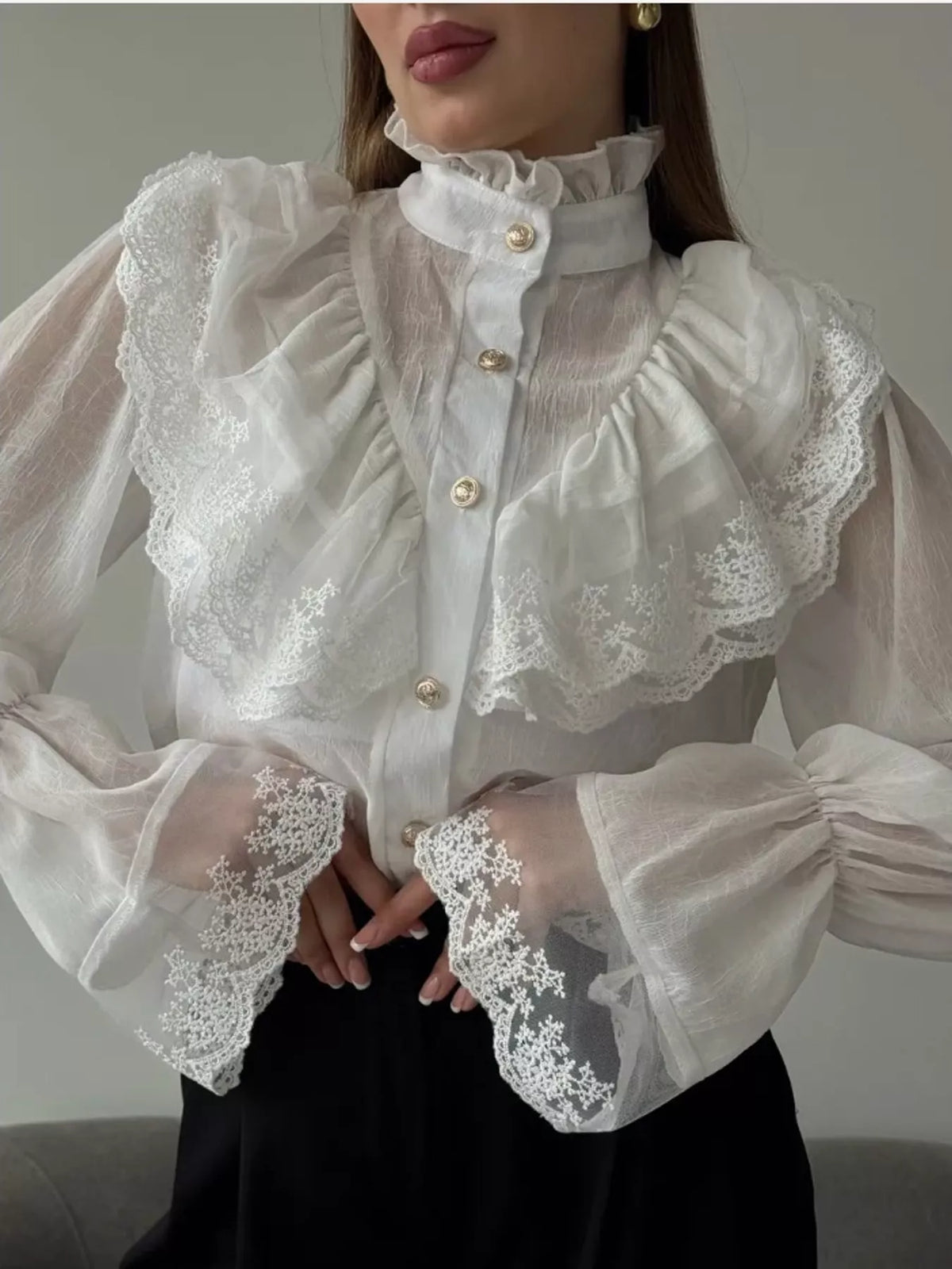 Lace Button-Up Flounce Sleeve Shirt — construction details