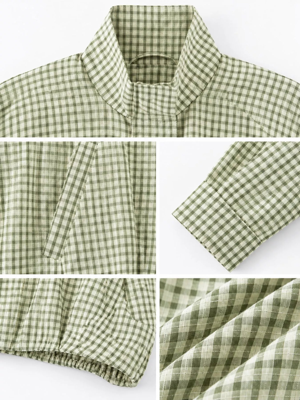 Aqua Green Plaid plaid stand-collar cropped jacket, detail view